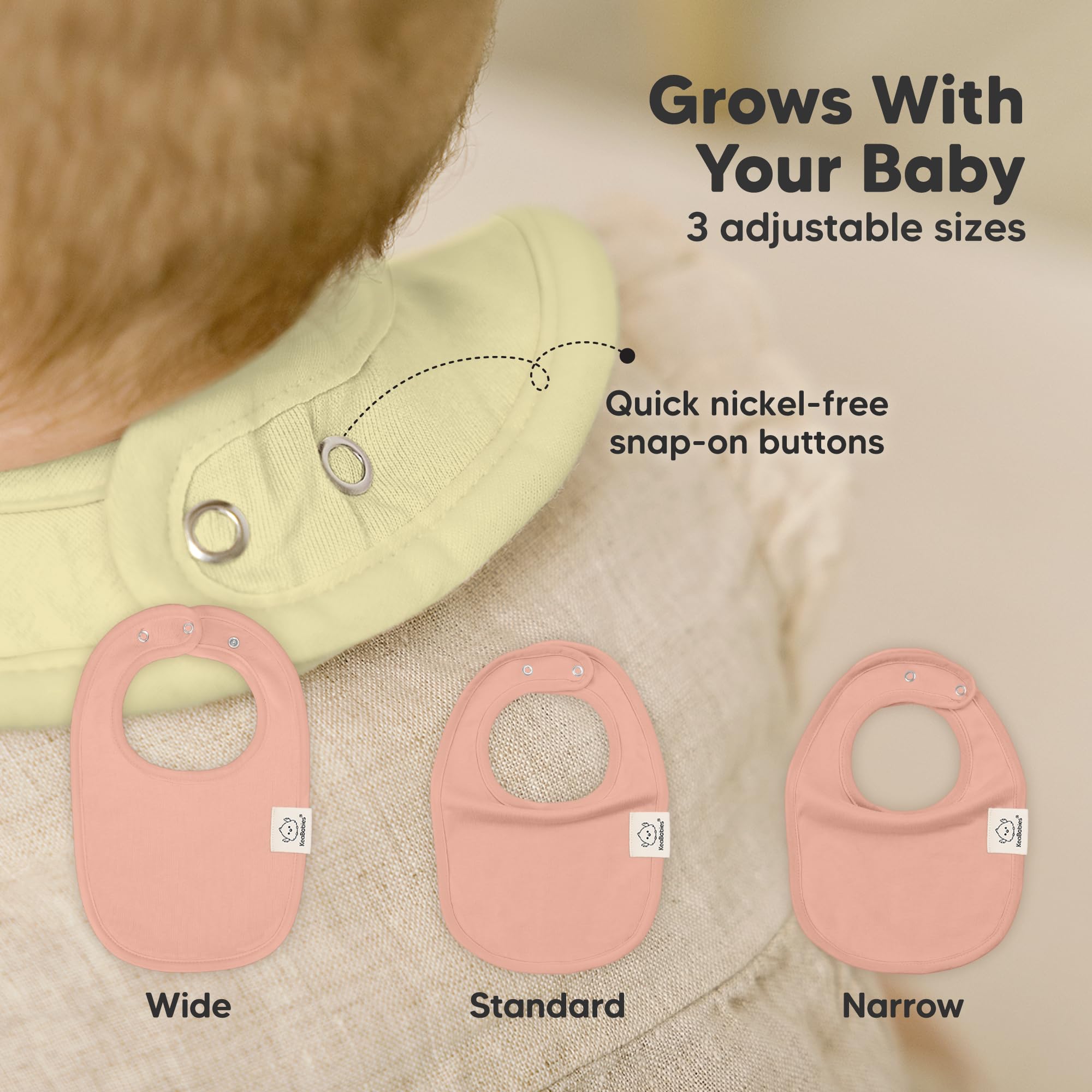 KeaBabies bib with adjustable nickel-free snaps demonstrating a secure fit.
