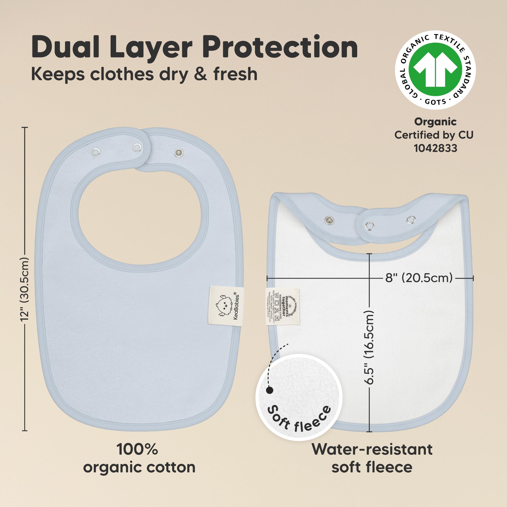 KeaBabies large coverage bib on a baby, protecting torso during drool.