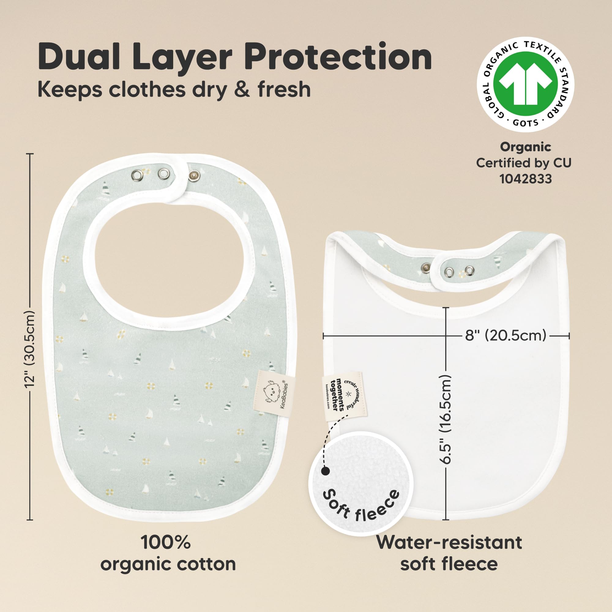 KeaBabies bibs dual-layer absorbent fleece for drool and spills.