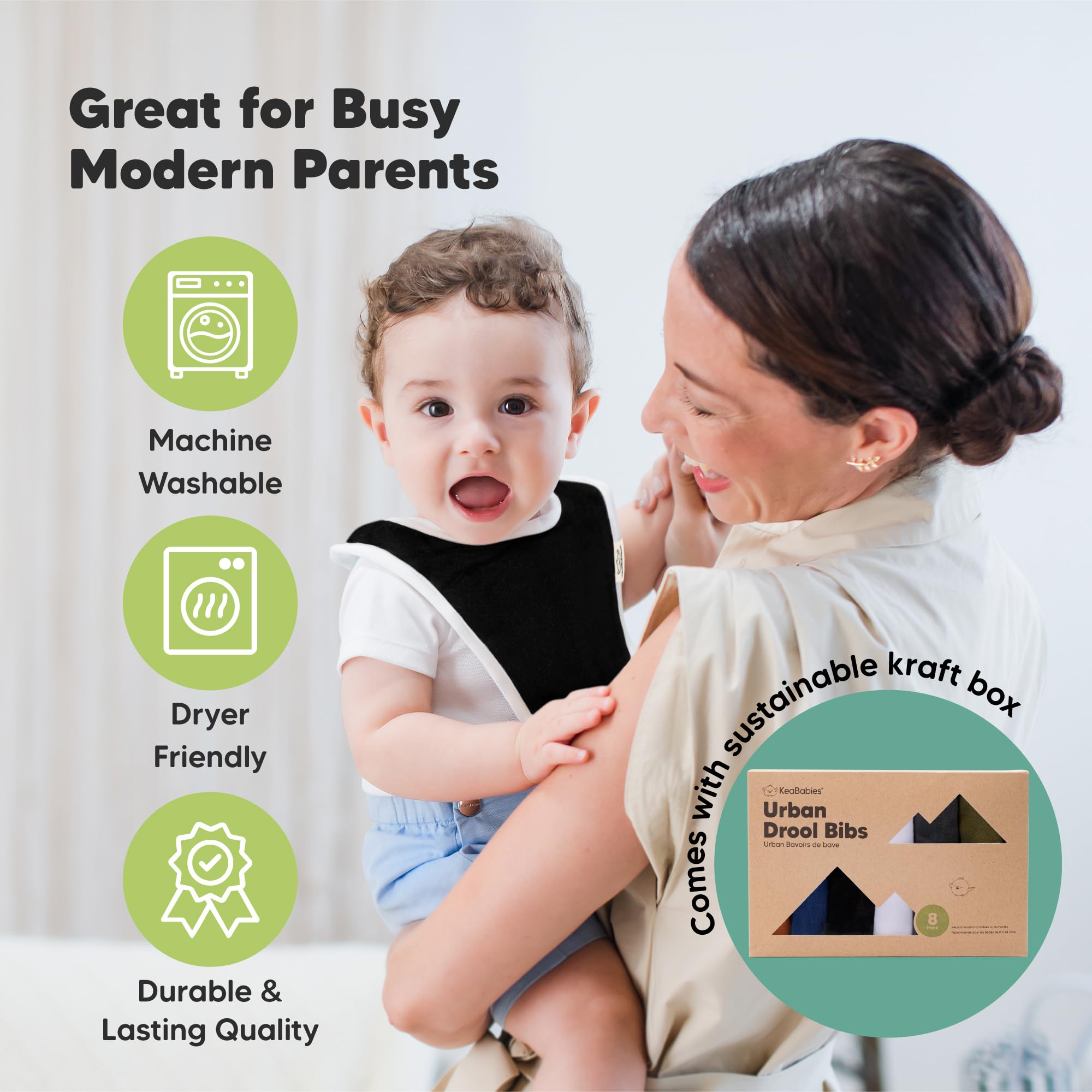 KeaBabies easy-care image suggests machine-washable bibs for busy parents.