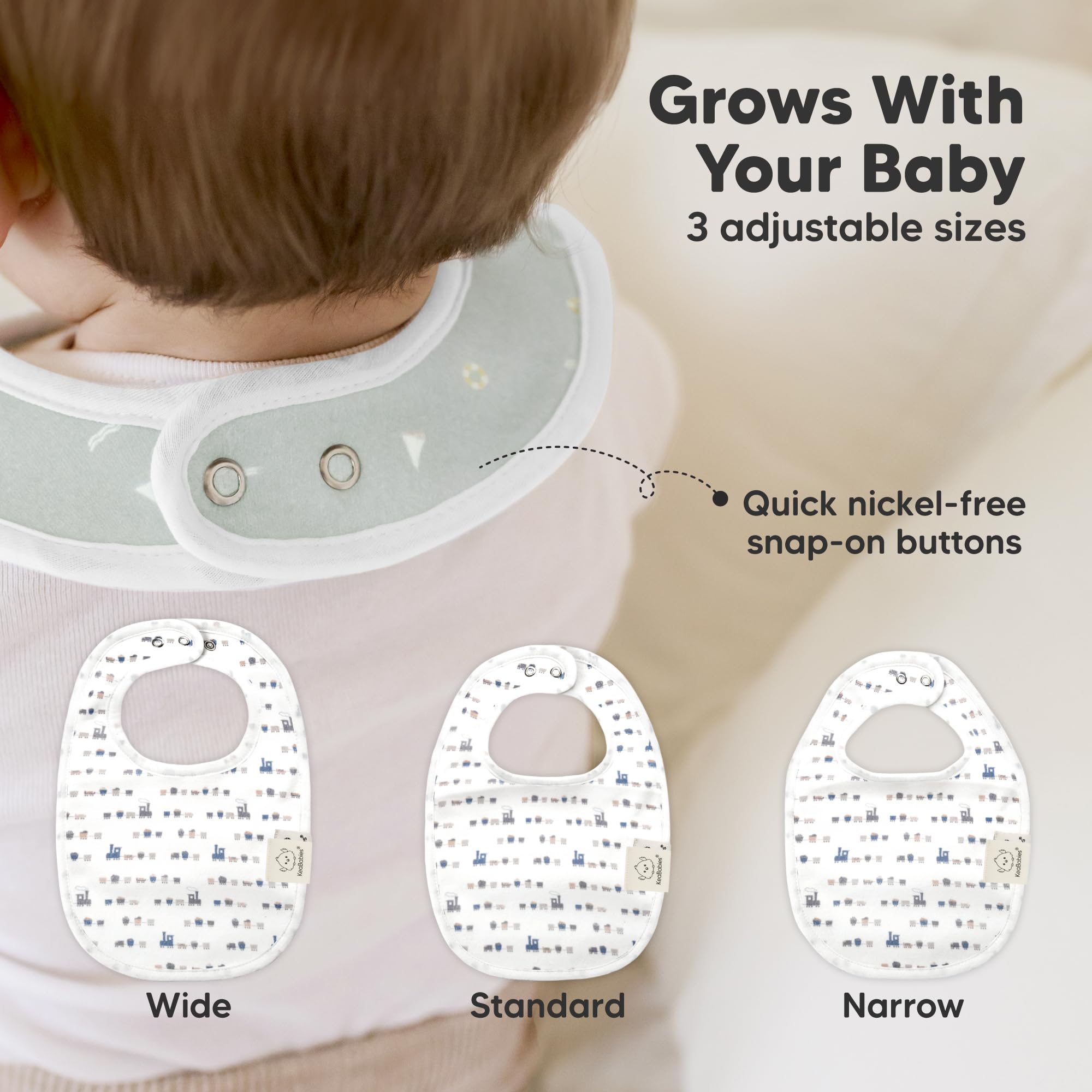 KeaBabies large-coverage bib on baby chest stays flat for mess-free outfits.