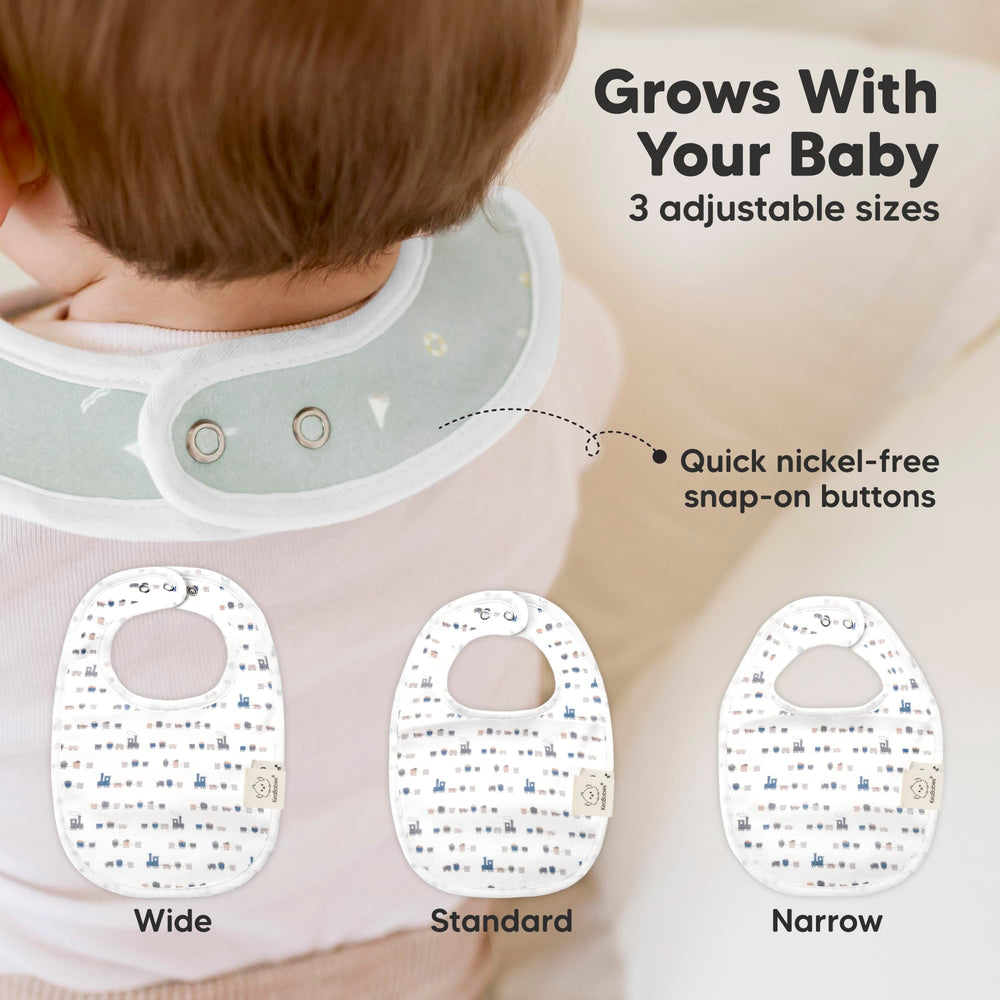 KeaBabies large-coverage bib on baby chest stays flat for mess-free outfits.