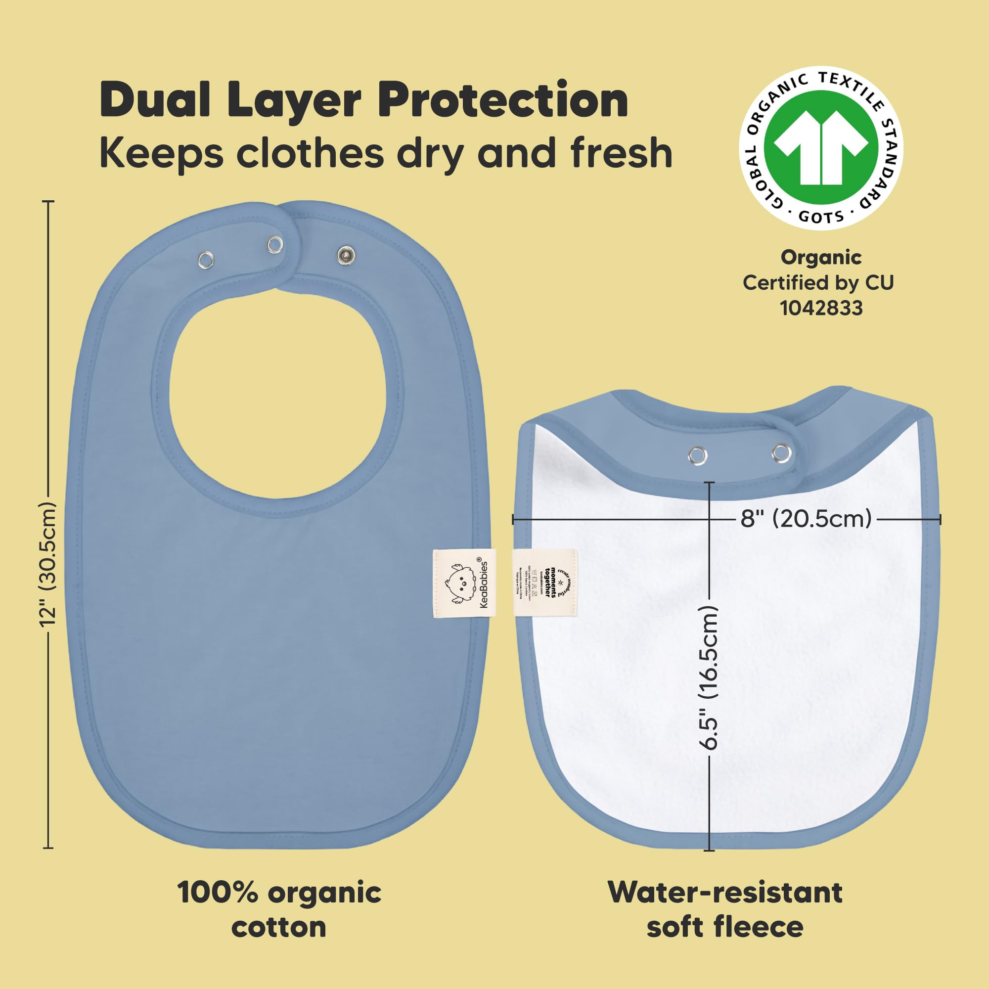 KeaBabies bibs showing large chest coverage for all-day protection.