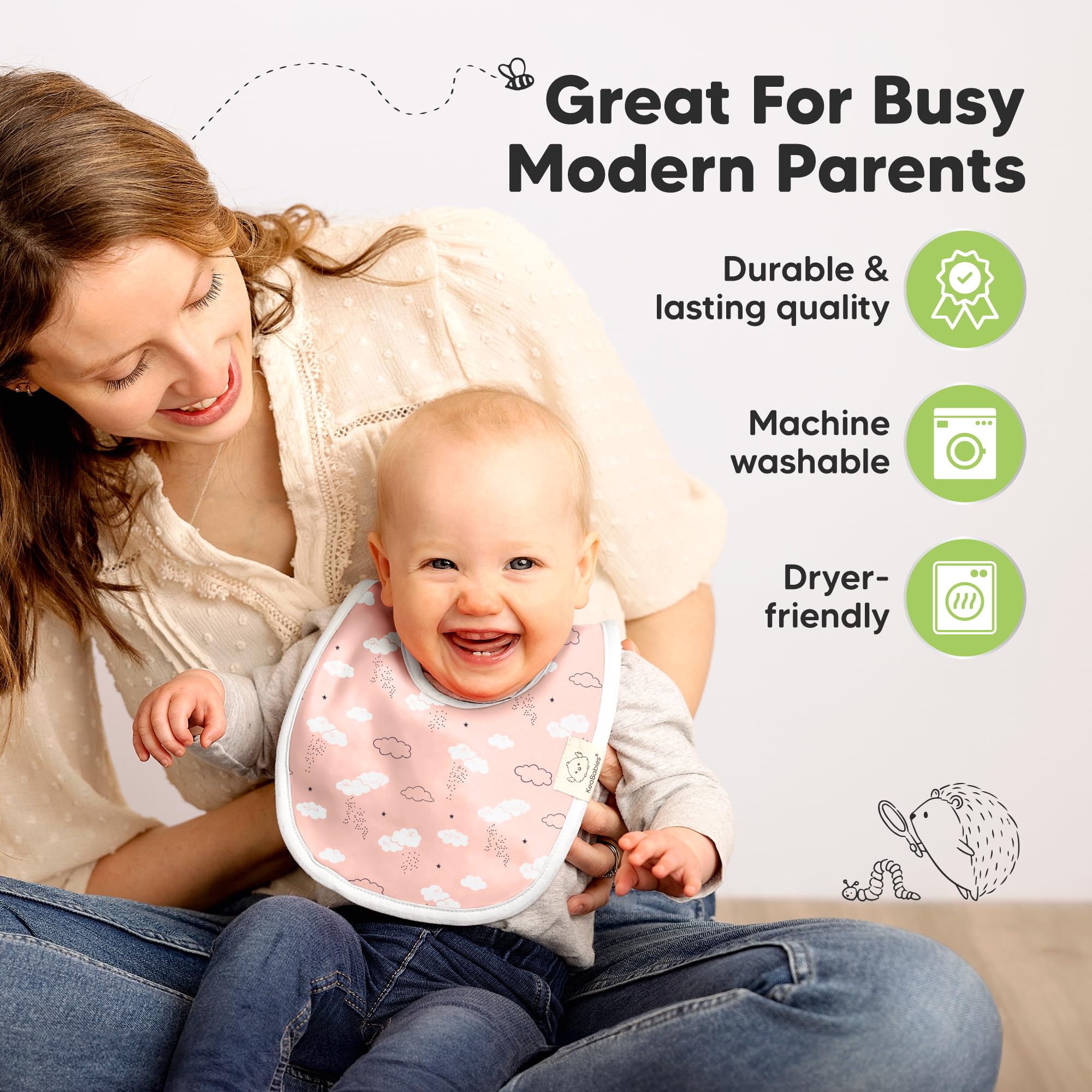 KeaBabies bib on baby demonstrates unisex design and easy-on/off usability