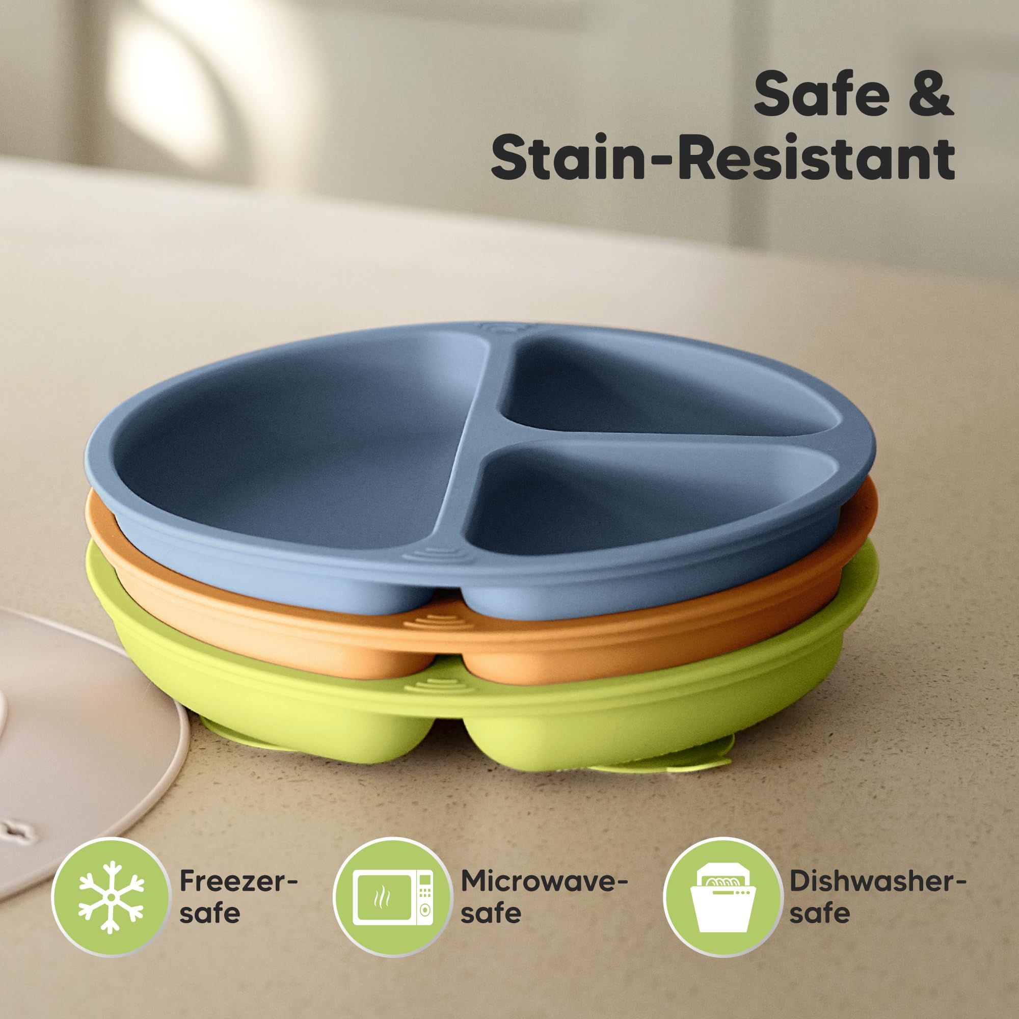 KeaBabies BPA-free silicone plate shown as microwave-safe and easy to clean.