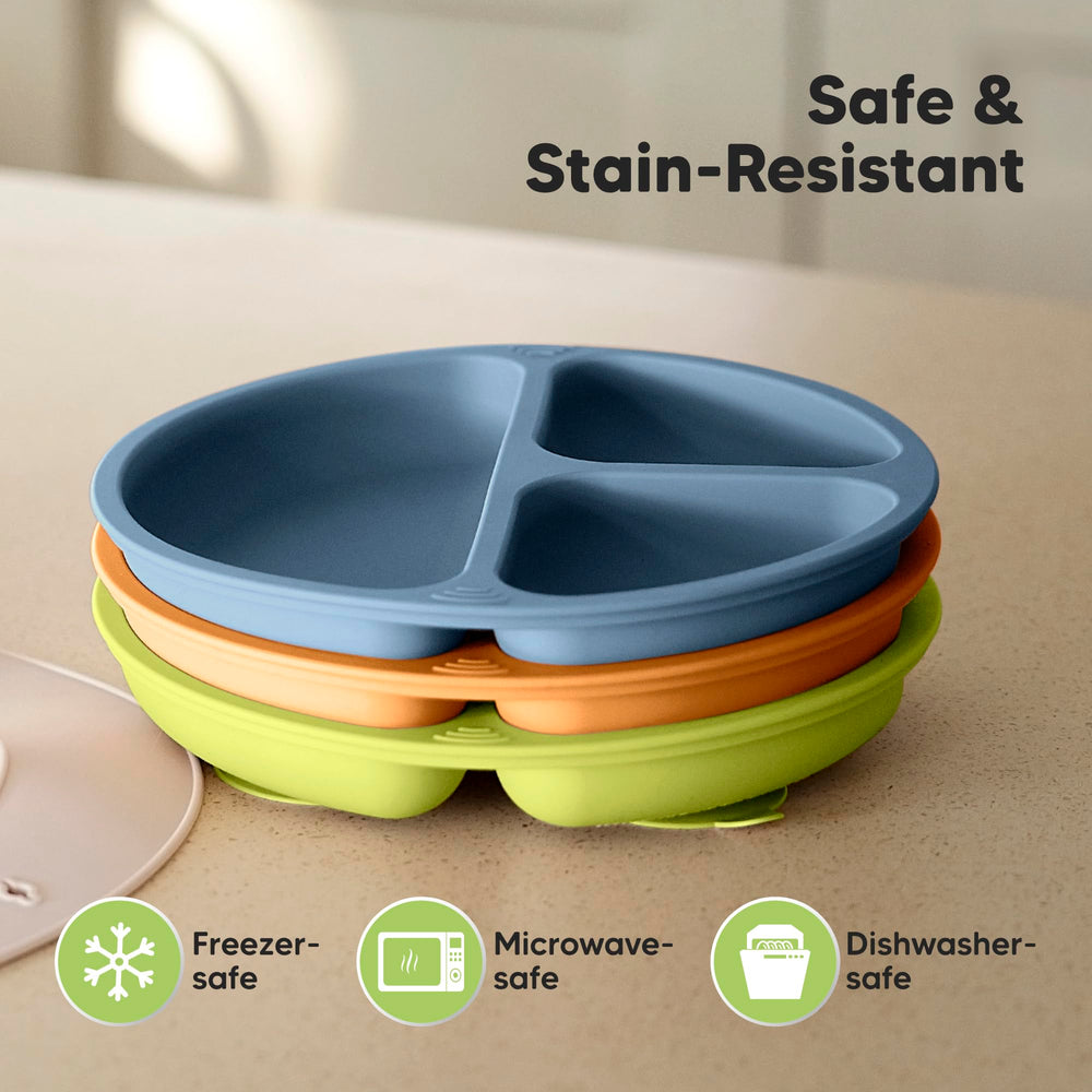 KeaBabies BPA-free silicone plate shown as microwave-safe and easy to clean.