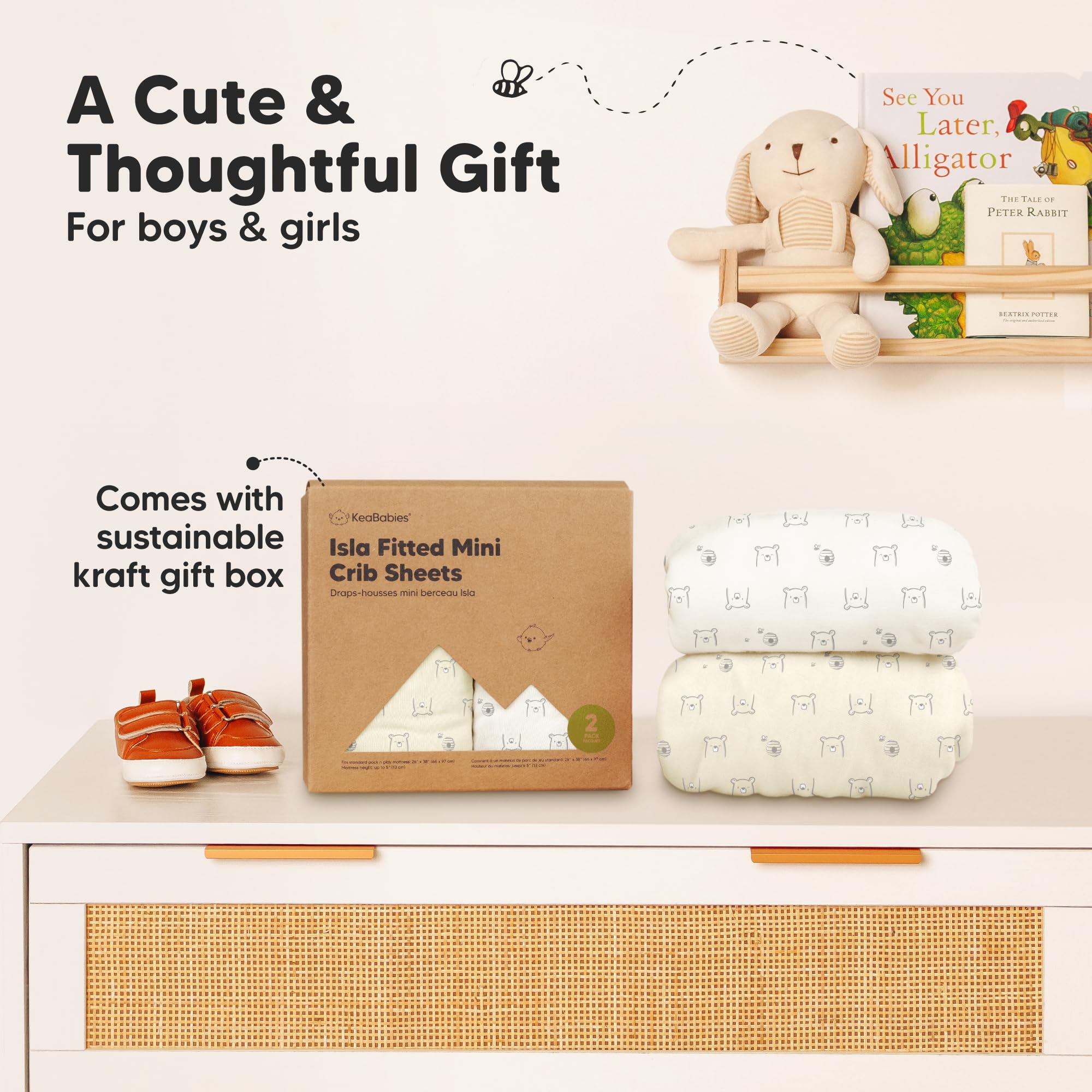 KeaBabies Bumble Bear design room setup with neutral bedding for cozy ambience.
