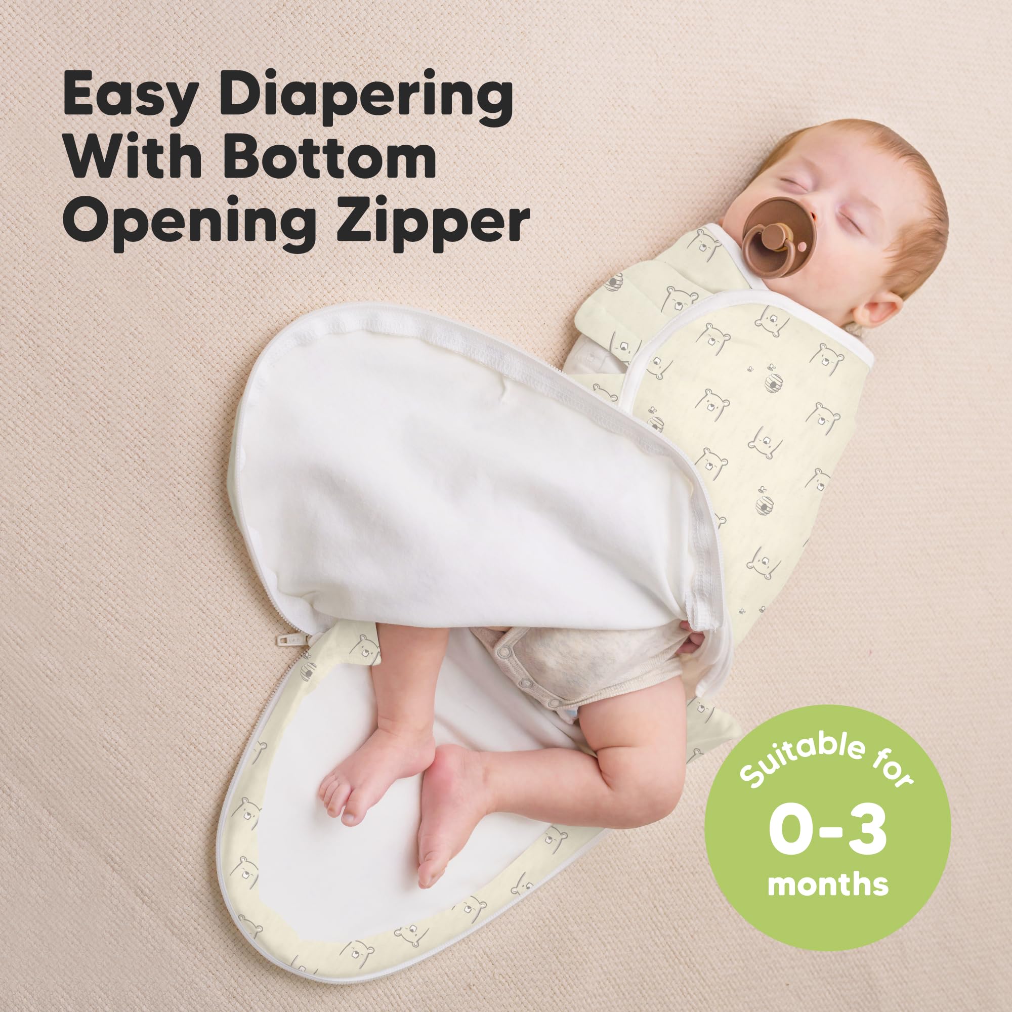 KeaBabies Bumble Bear swaddle back view highlights full coverage and easy-access zipper
