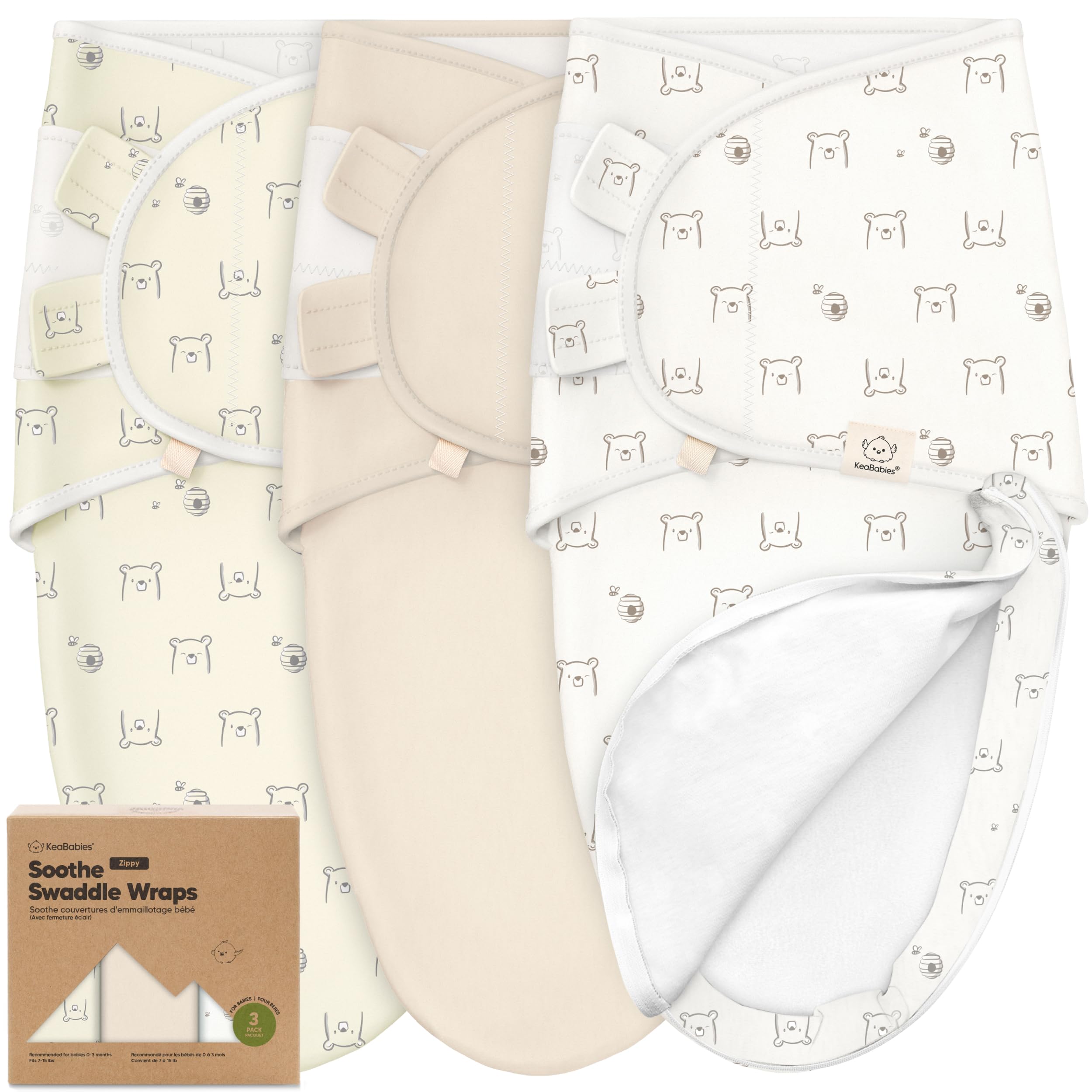 KeaBabies Bumble Bear swaddle front view emphasizes cozy fit and 3-pack value