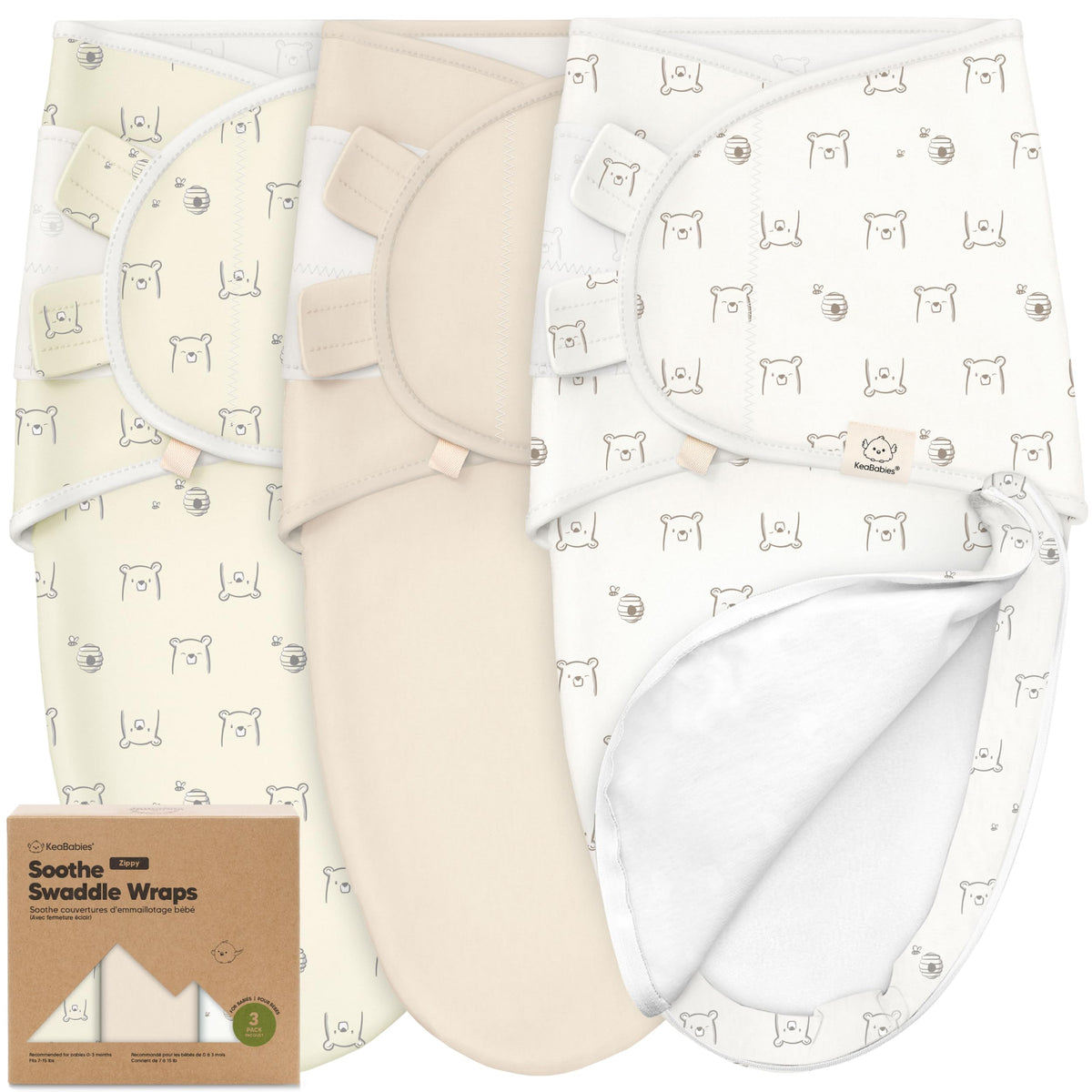 KeaBabies Bumble Bear swaddle front view emphasizes cozy fit and 3-pack value