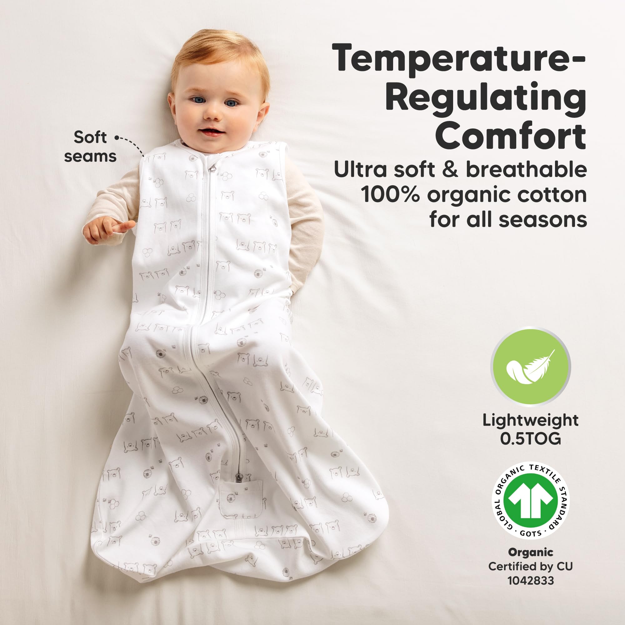 KeaBabies BumbleBear sleep sack with baby inside shows newborn transition to wearable blanket.