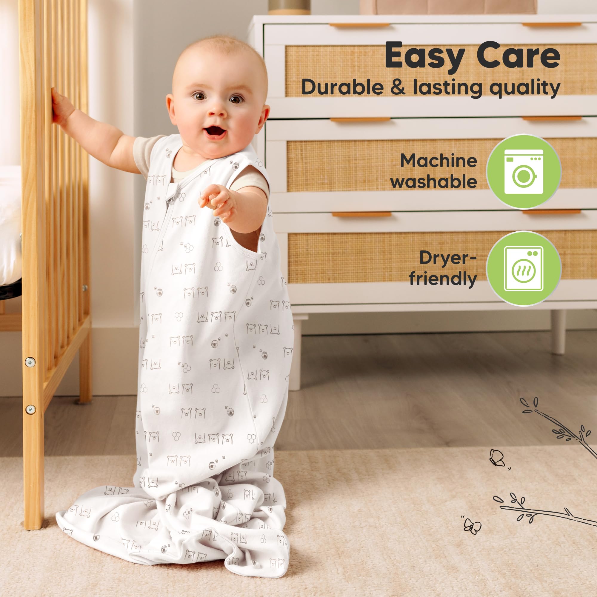 KeaBabies BumbleBear easy-care sleep sack designed for washing and quick reuse.