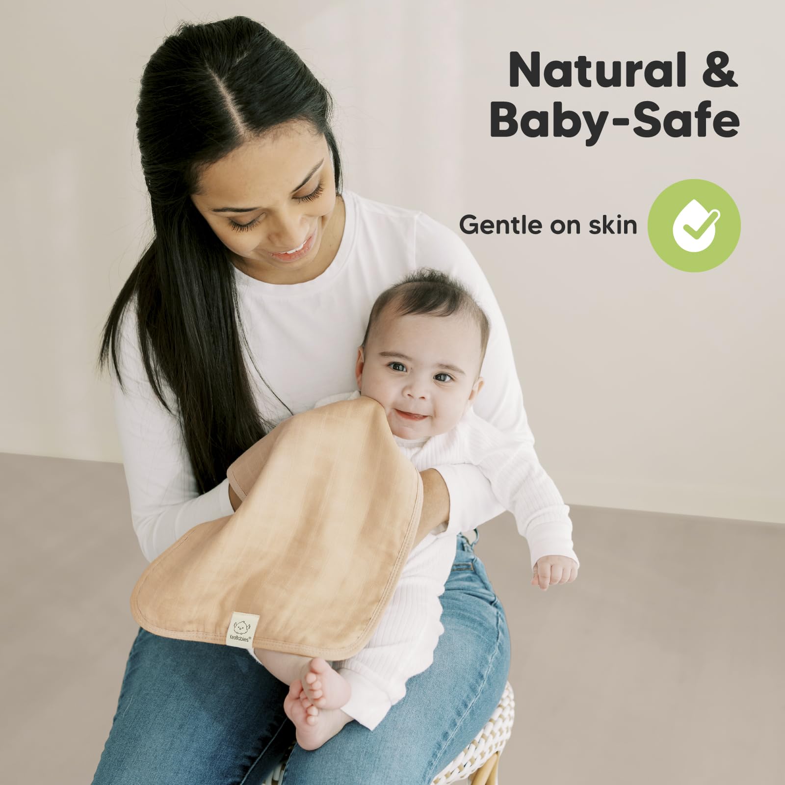 KeaBabies burp cloth neutral palette image emphasizes gender-neutral design.