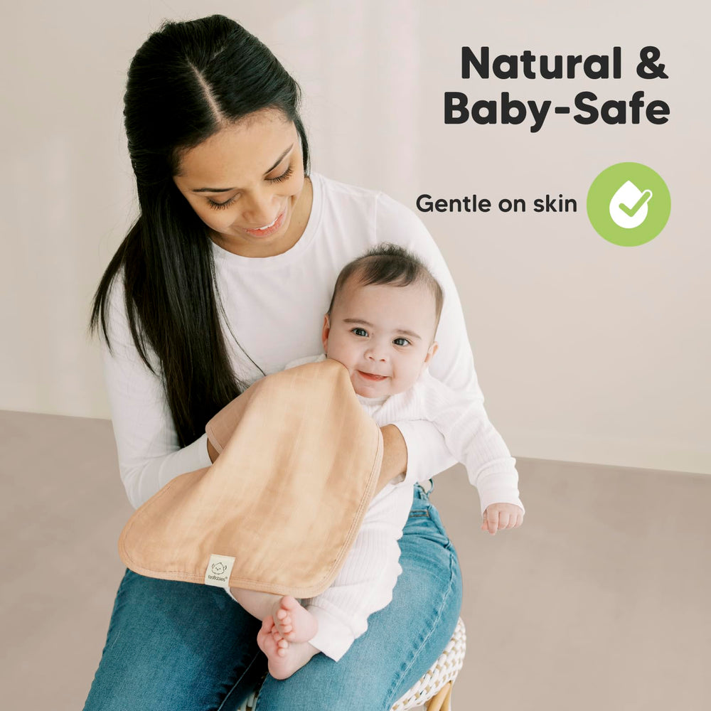 KeaBabies burp cloth neutral palette image emphasizes gender-neutral design.