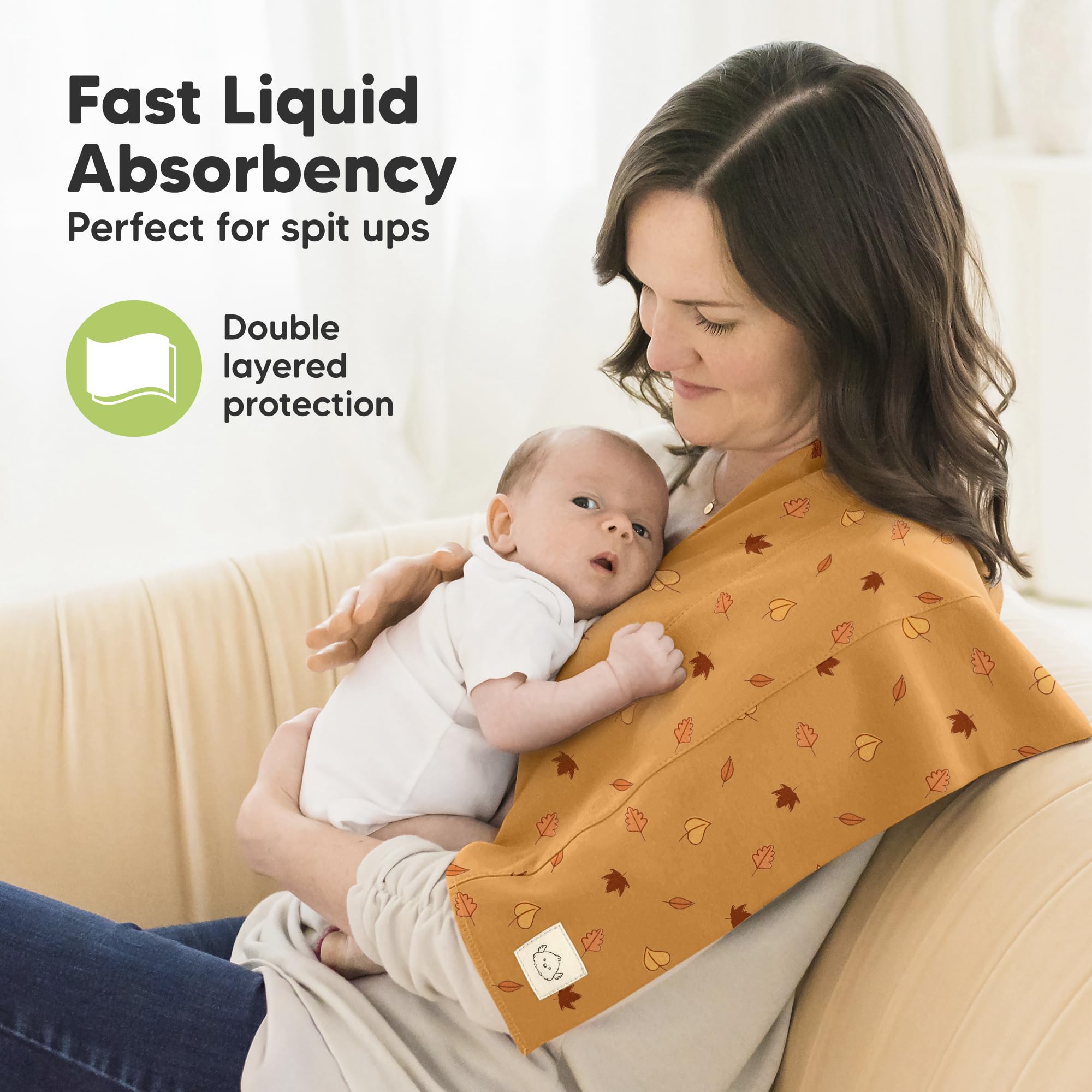 KeaBabies burp cloths shoulder coverage highlights mess protection during feeds.