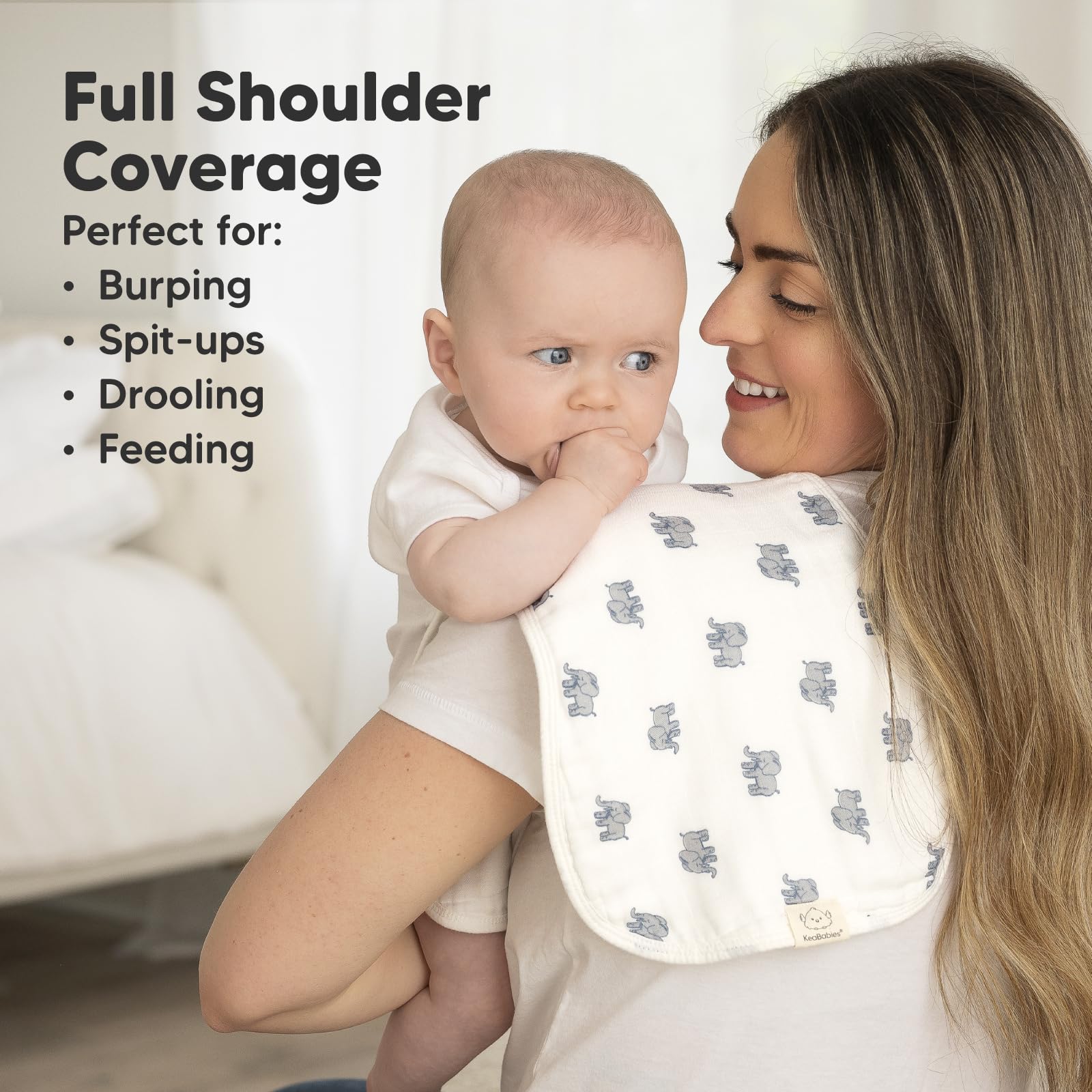 KeaBabies burp cloths measure 21 by 10 inches for full coverage.
