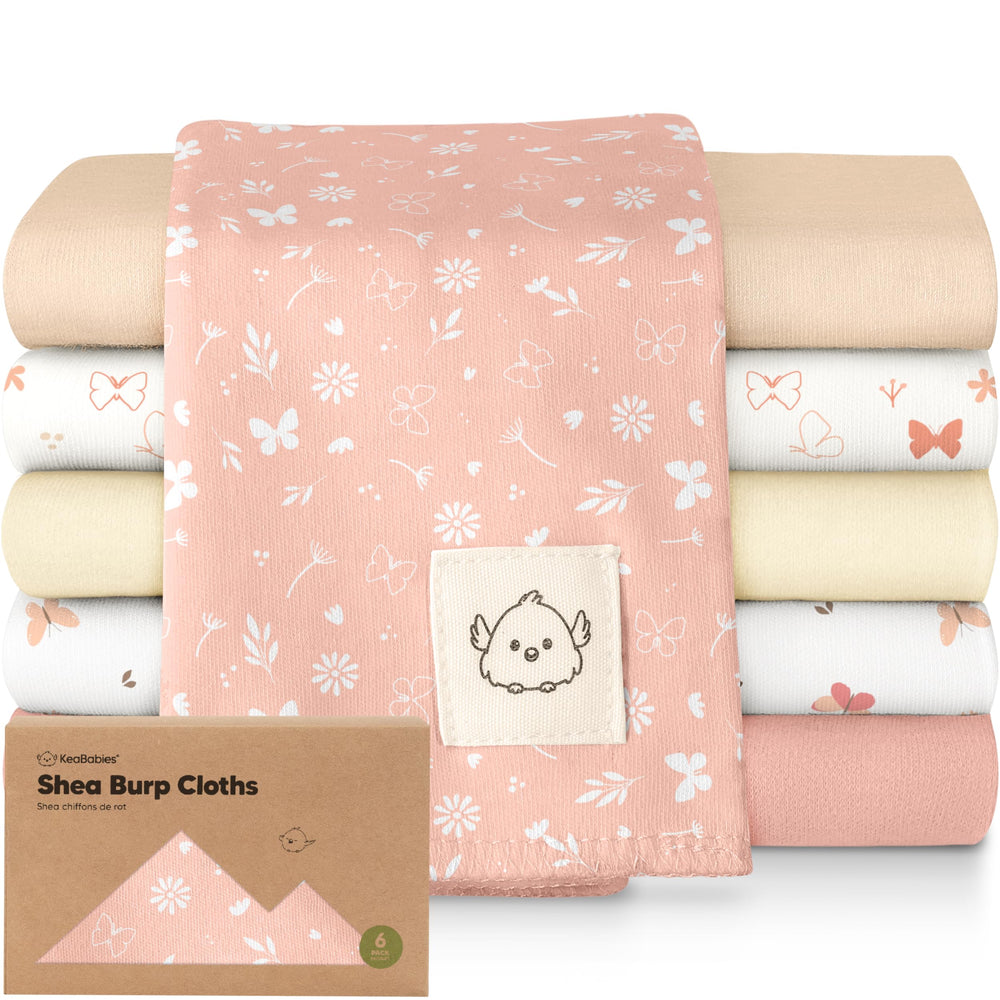 KeaBabies Organic Burp Cloths butterfly pattern laid flat, showing large 20x12 size and ultra-soft fabric.