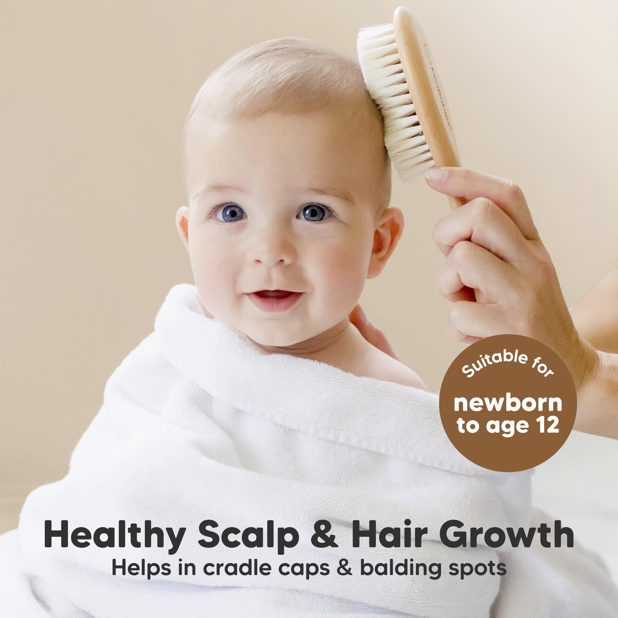 KeaBabies close-up shows soft goat bristles for gentle scalp care.