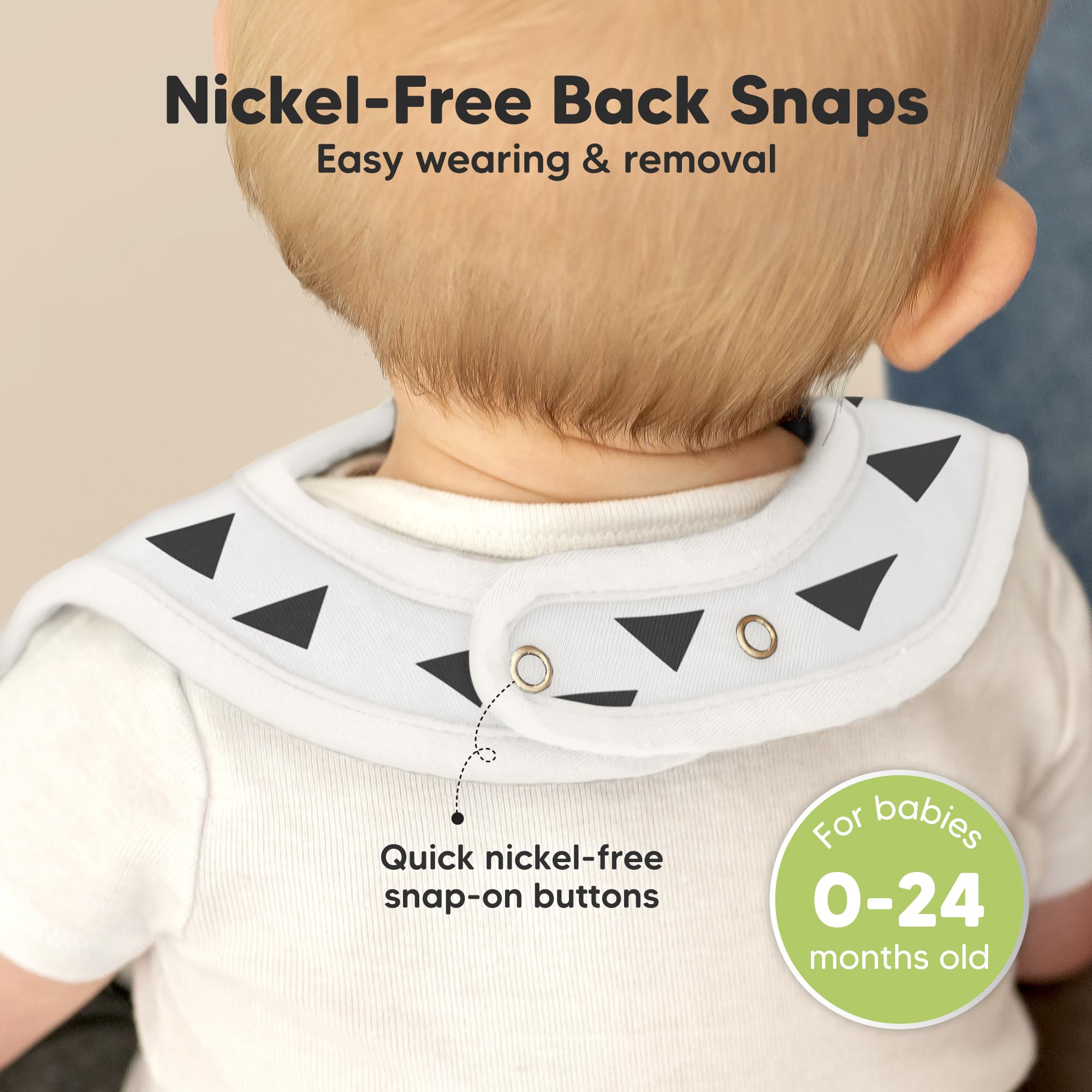 KeaBabies Coast bibs demonstrating three adjustable snaps for secure fit