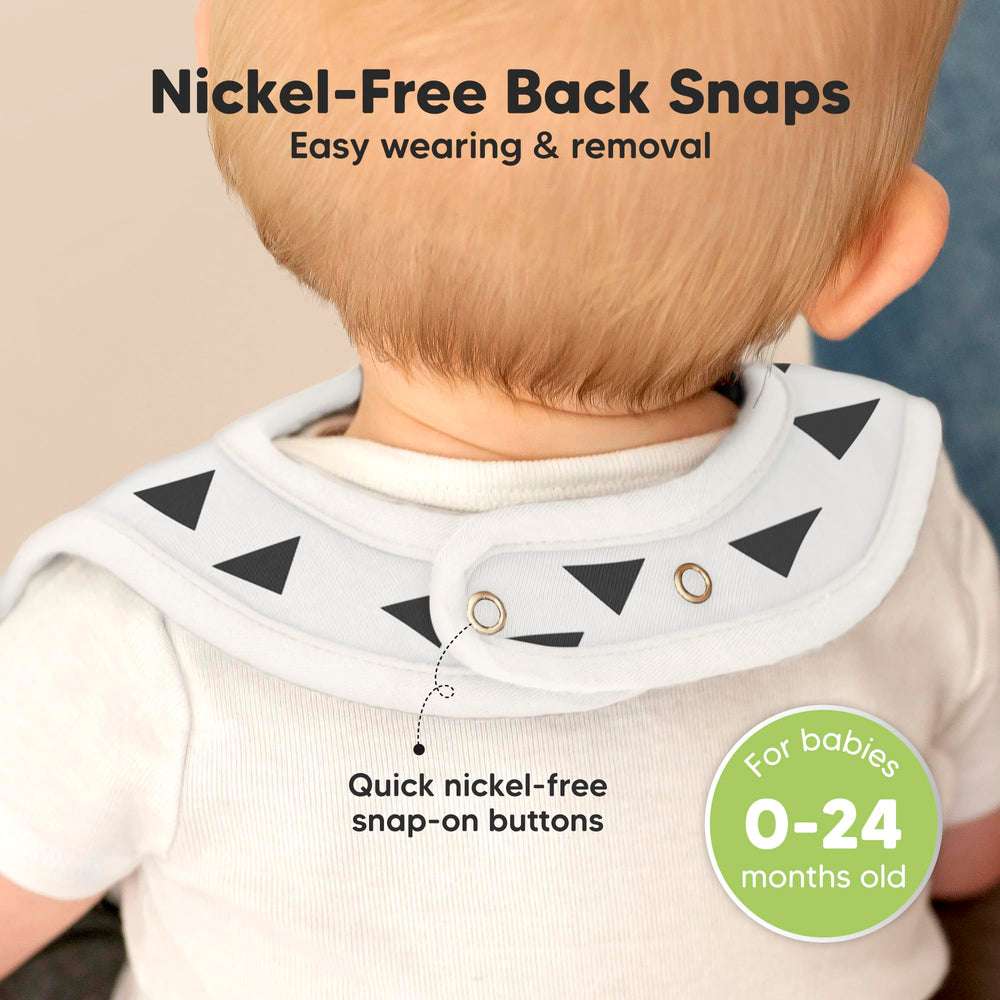 KeaBabies Coast bibs demonstrating three adjustable snaps for secure fit