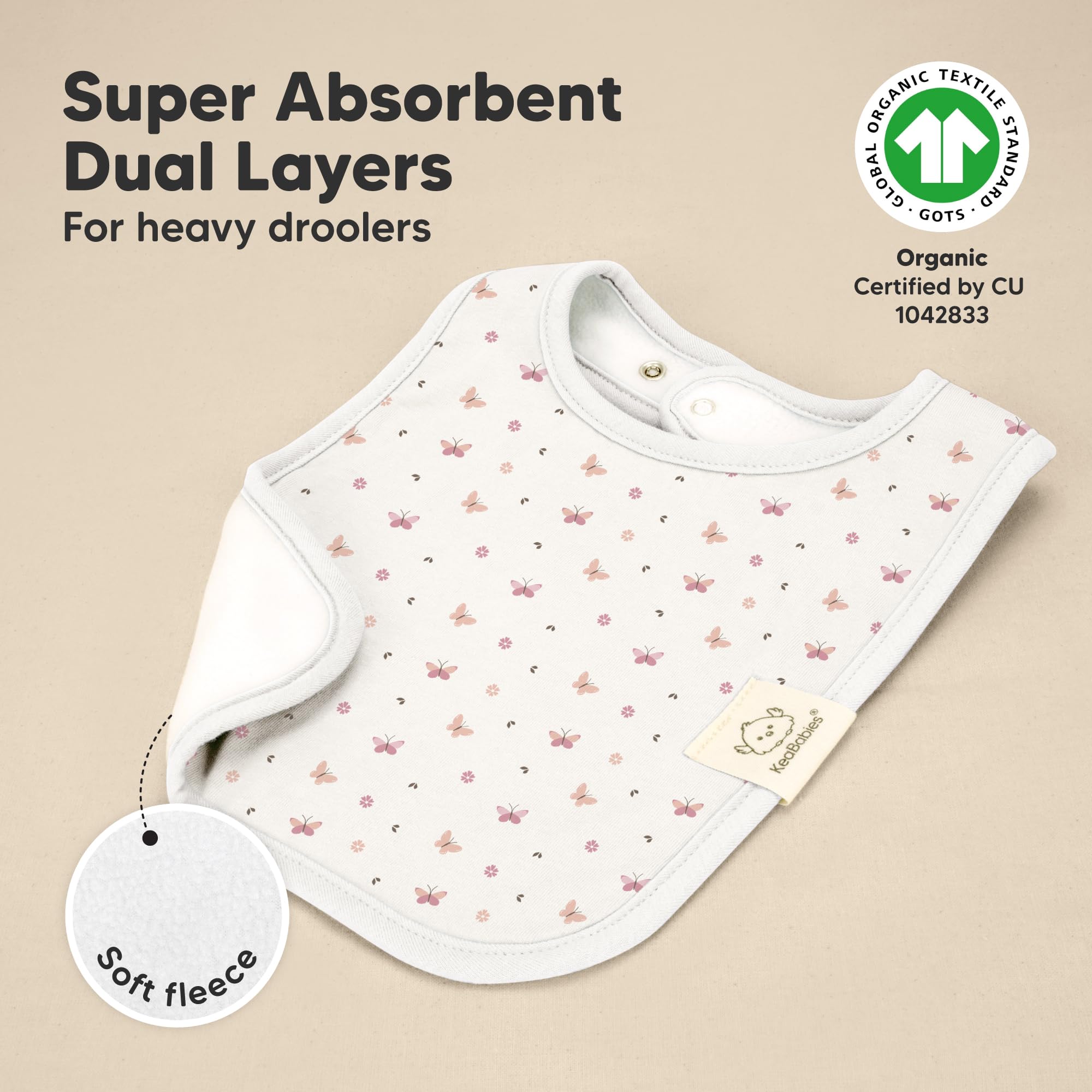 KeaBabies Coast butterfly bibs show nickel-free snaps for adjustable fit.