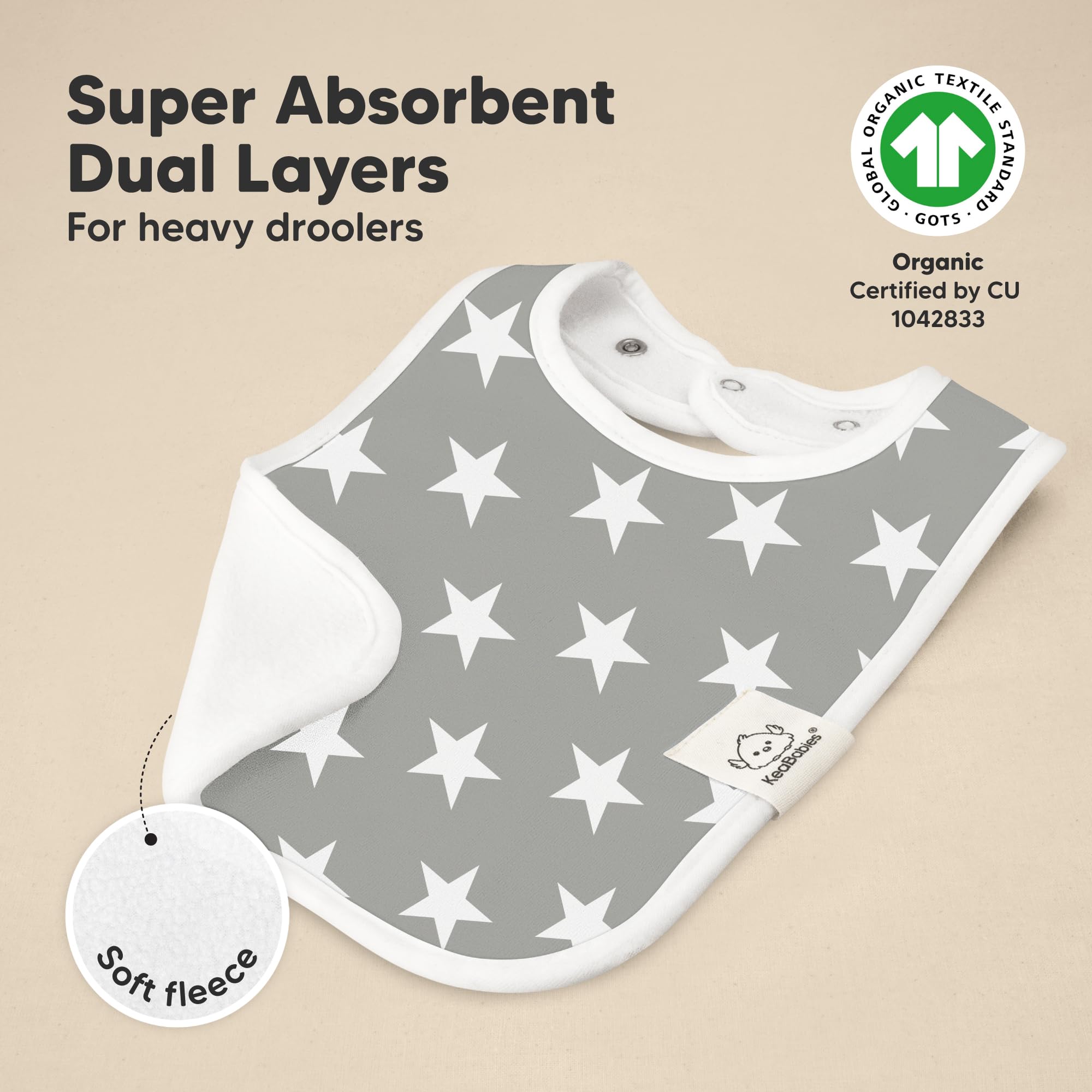 KeaBabies Coast bibs display water-resistant backing for easy cleanup