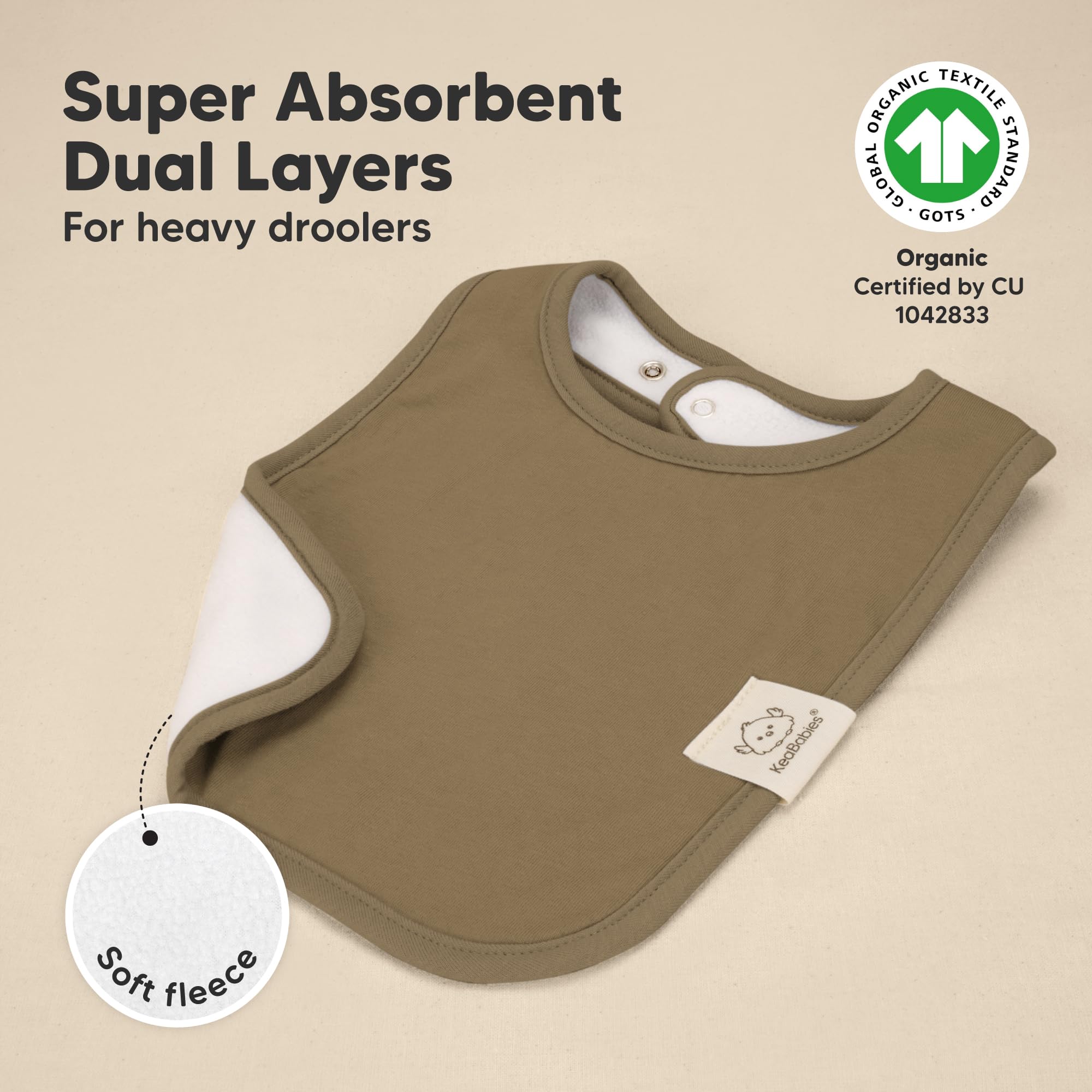KeaBabies Coast bibs with water-resistant backing keep clothes dry.