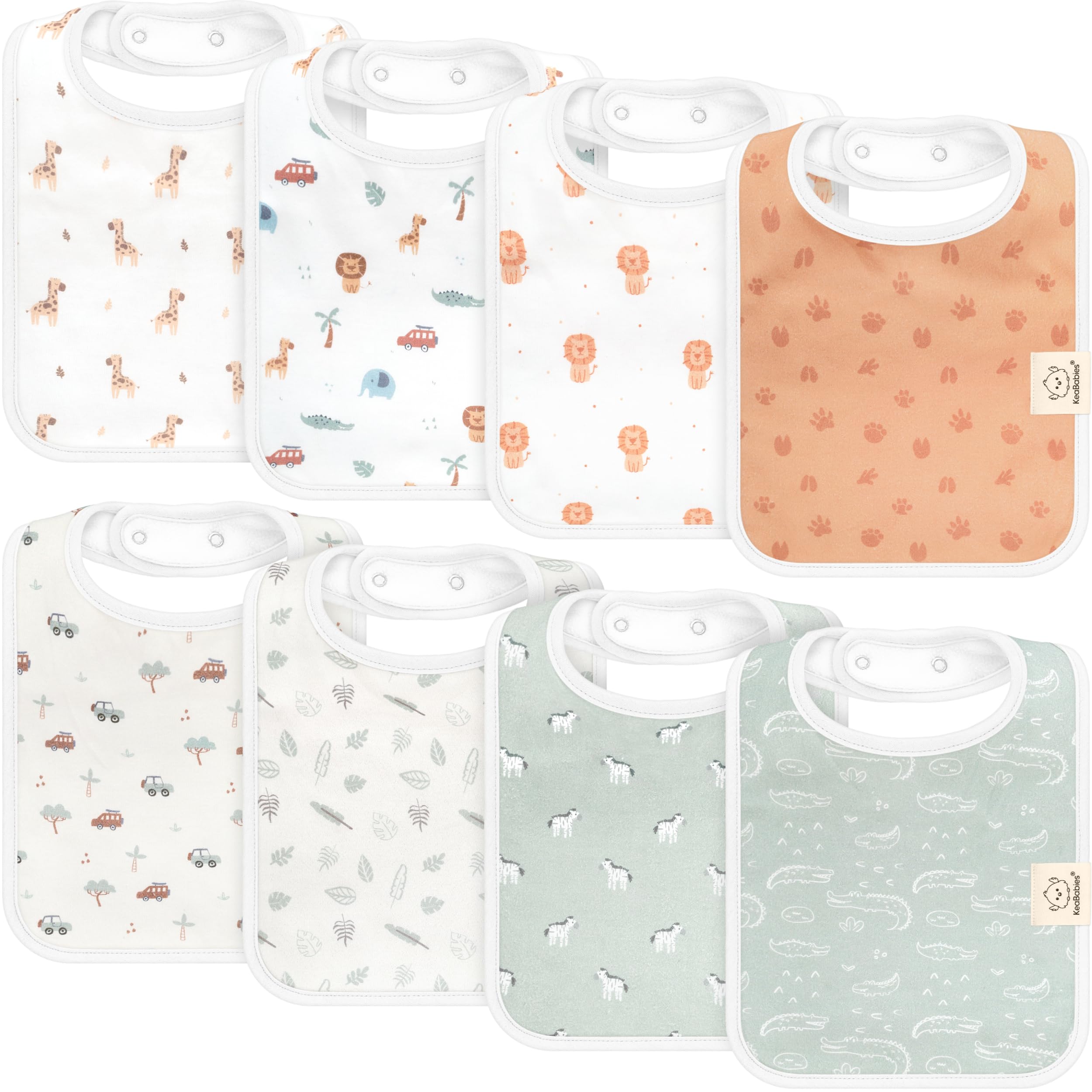 KeaBabies Coast Bib 8-pack in wilderness colors keeps baby outfits clean during drool.