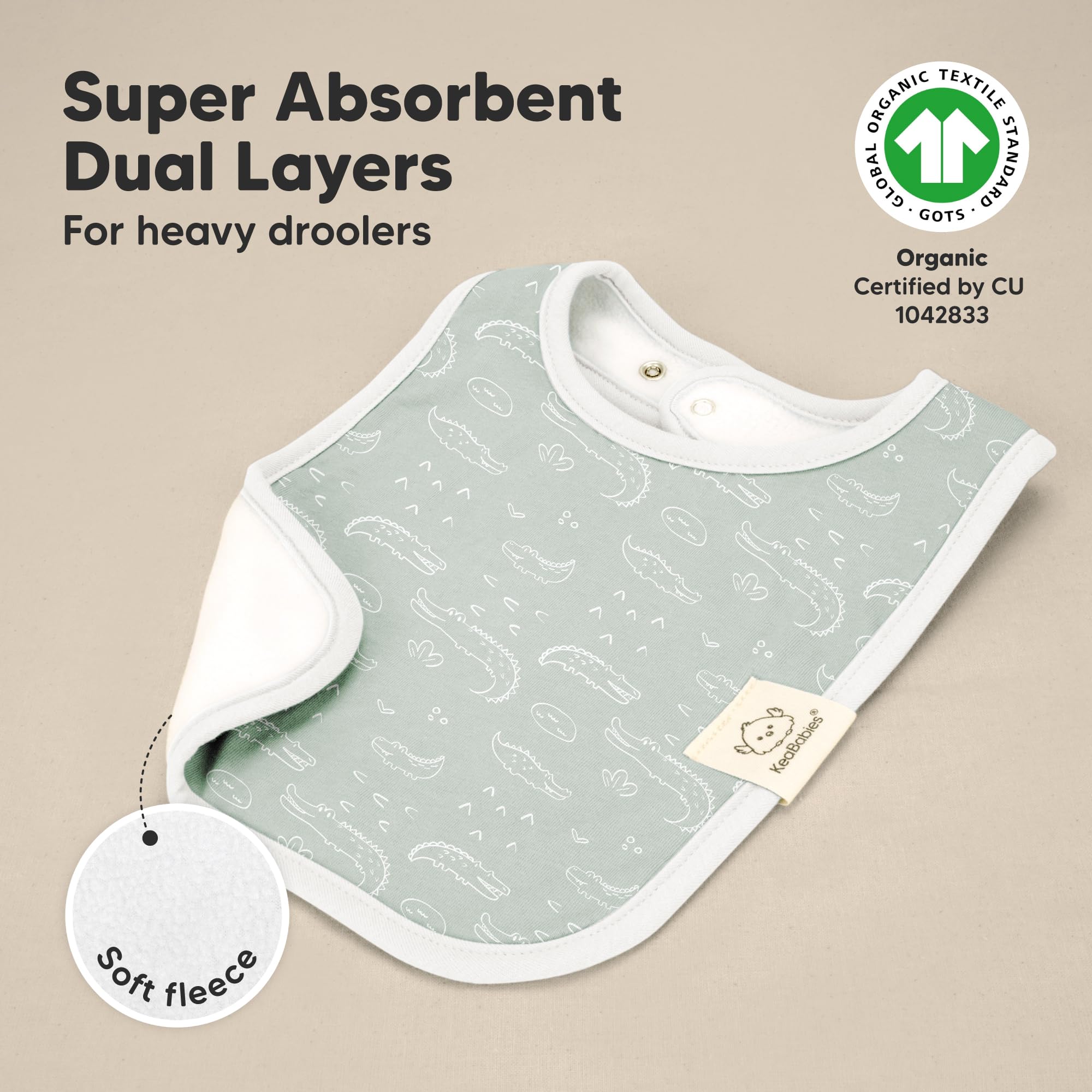 KeaBabies Coast Bib worn on baby offers chest coverage for drool days.