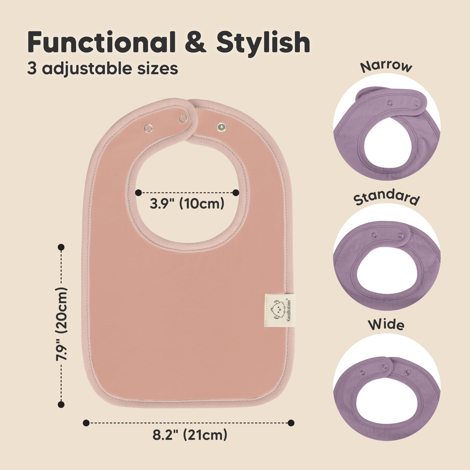 KeaBabies Coast bib mauve on baby chest demonstrates full-coverage protection.