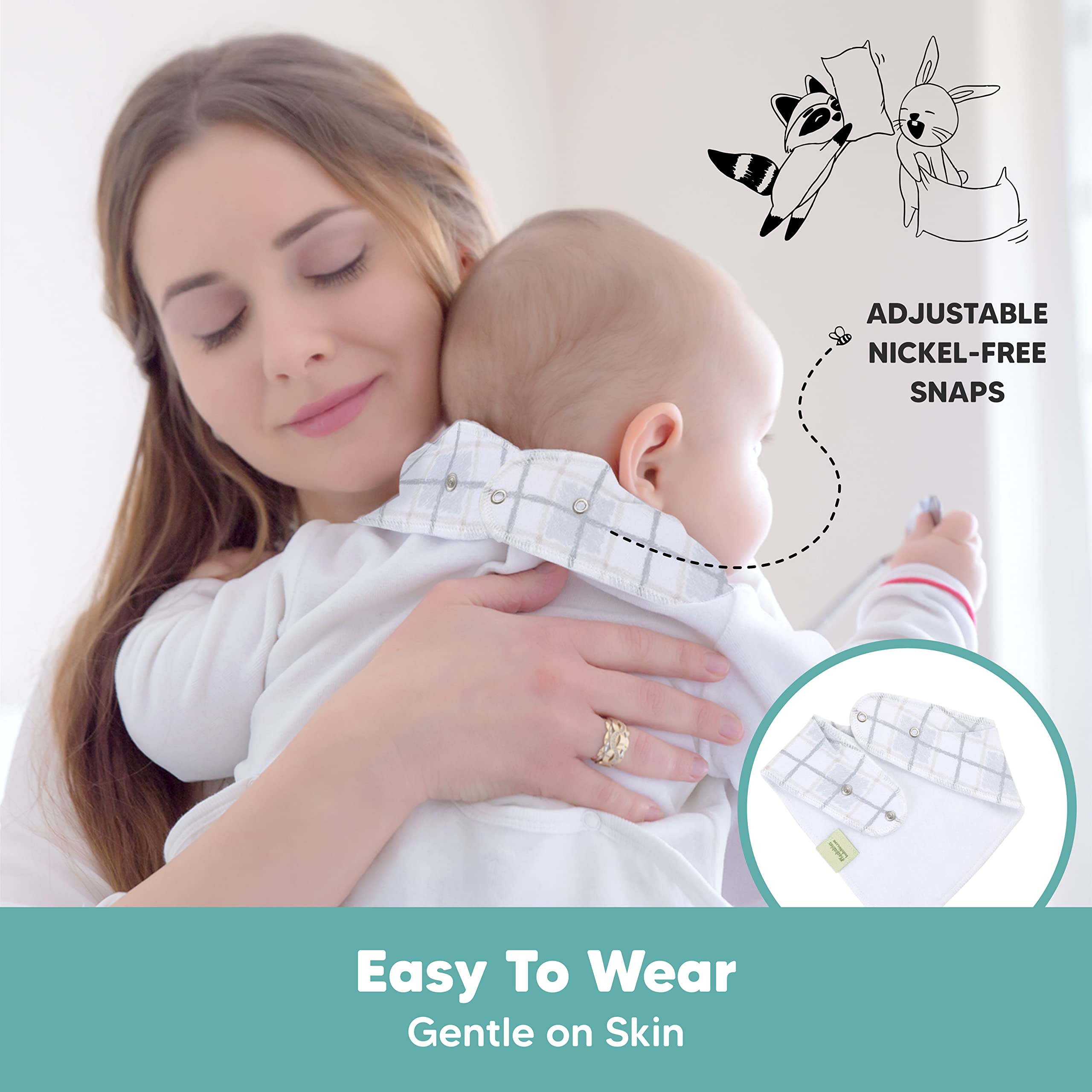 Baby wearing KeaBabies constellation bib during teething and drool-heavy day