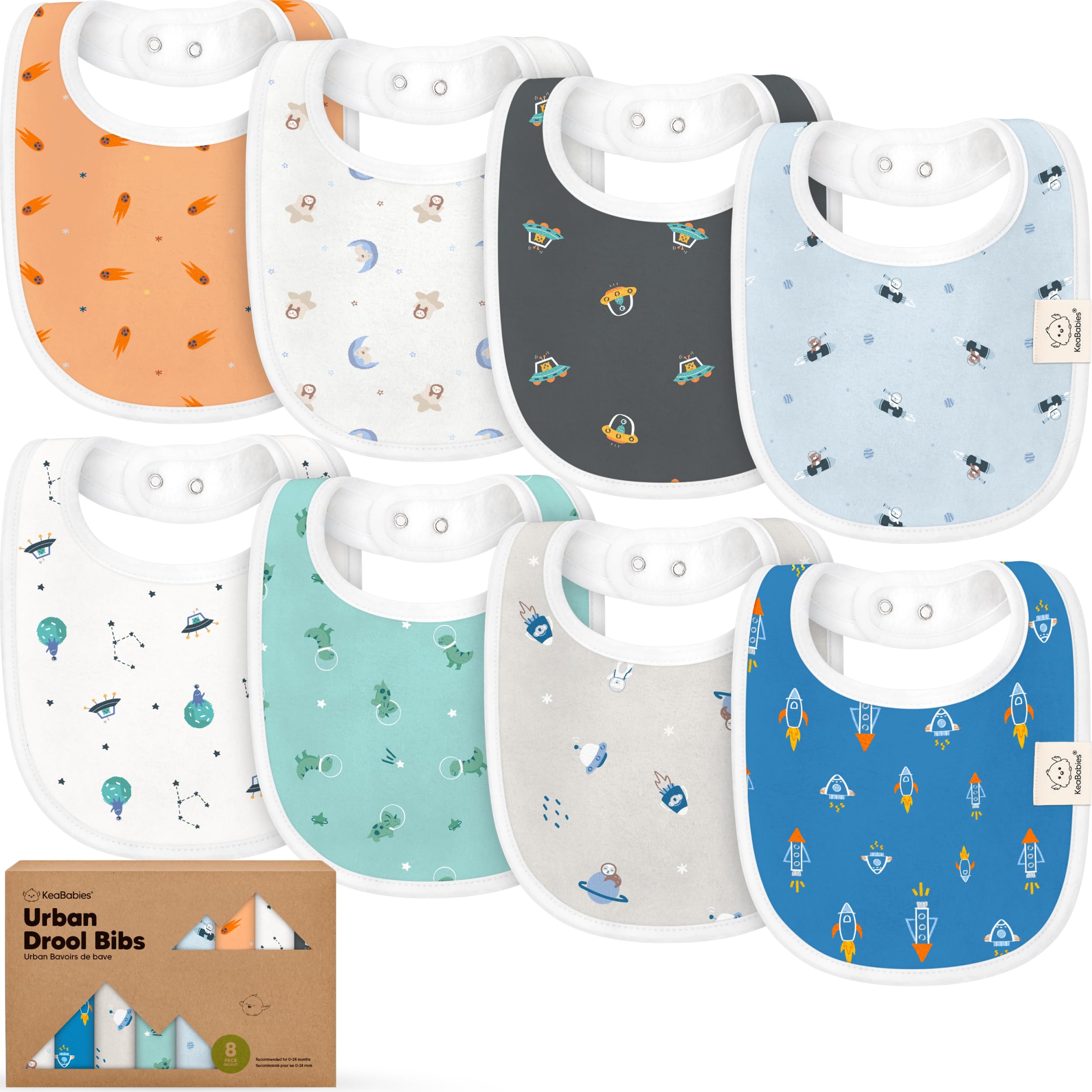 KeaBabies Cosmo 8-pack organic bibs offer full coverage for drool and spills.