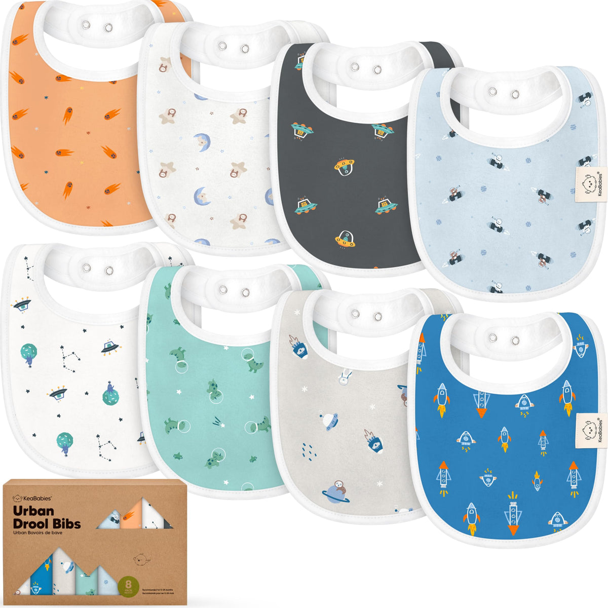 KeaBabies Cosmo 8-pack organic bibs offer full coverage for drool and spills.