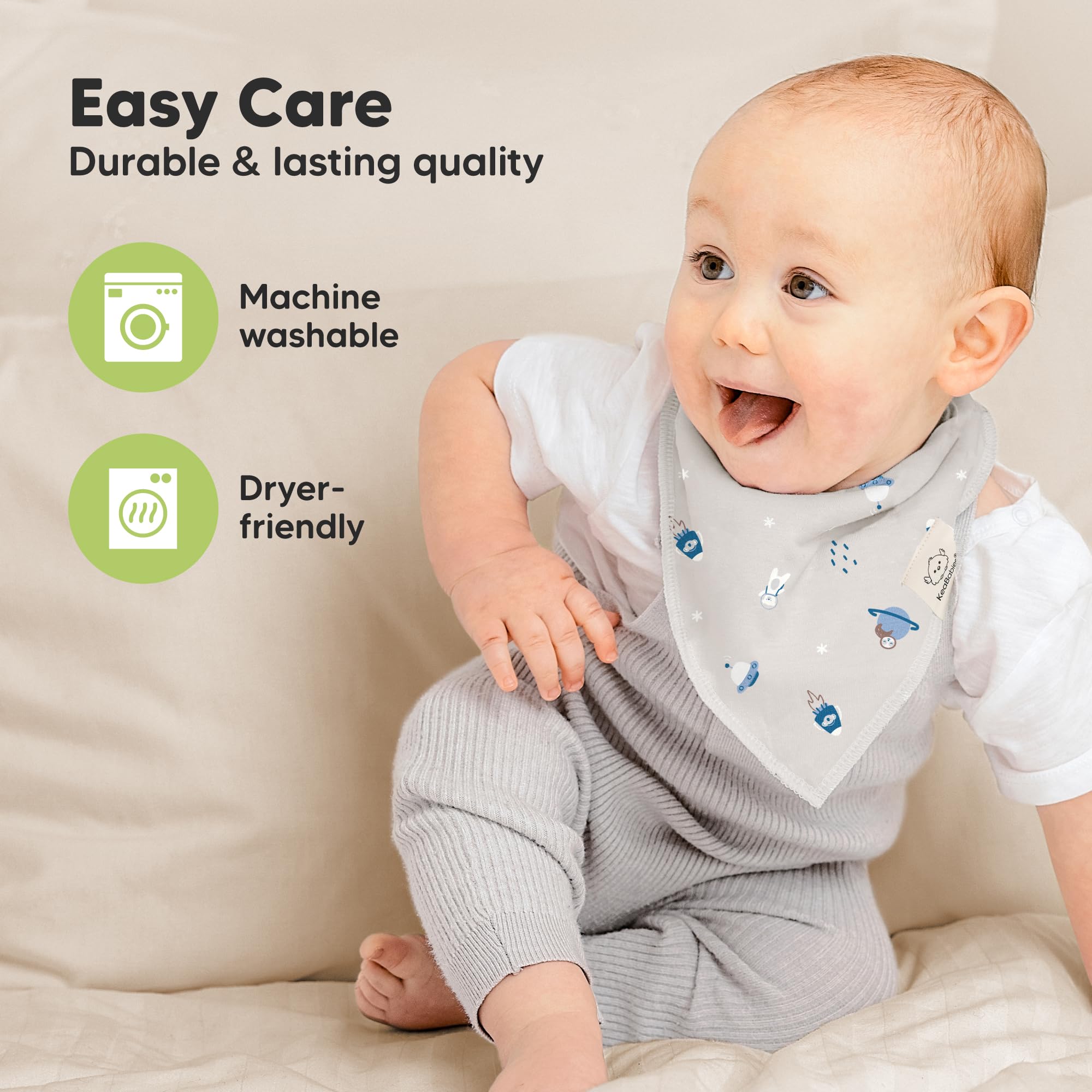 KeaBabies Cosmo care instructions image emphasizes machine wash and low tumble dry ease