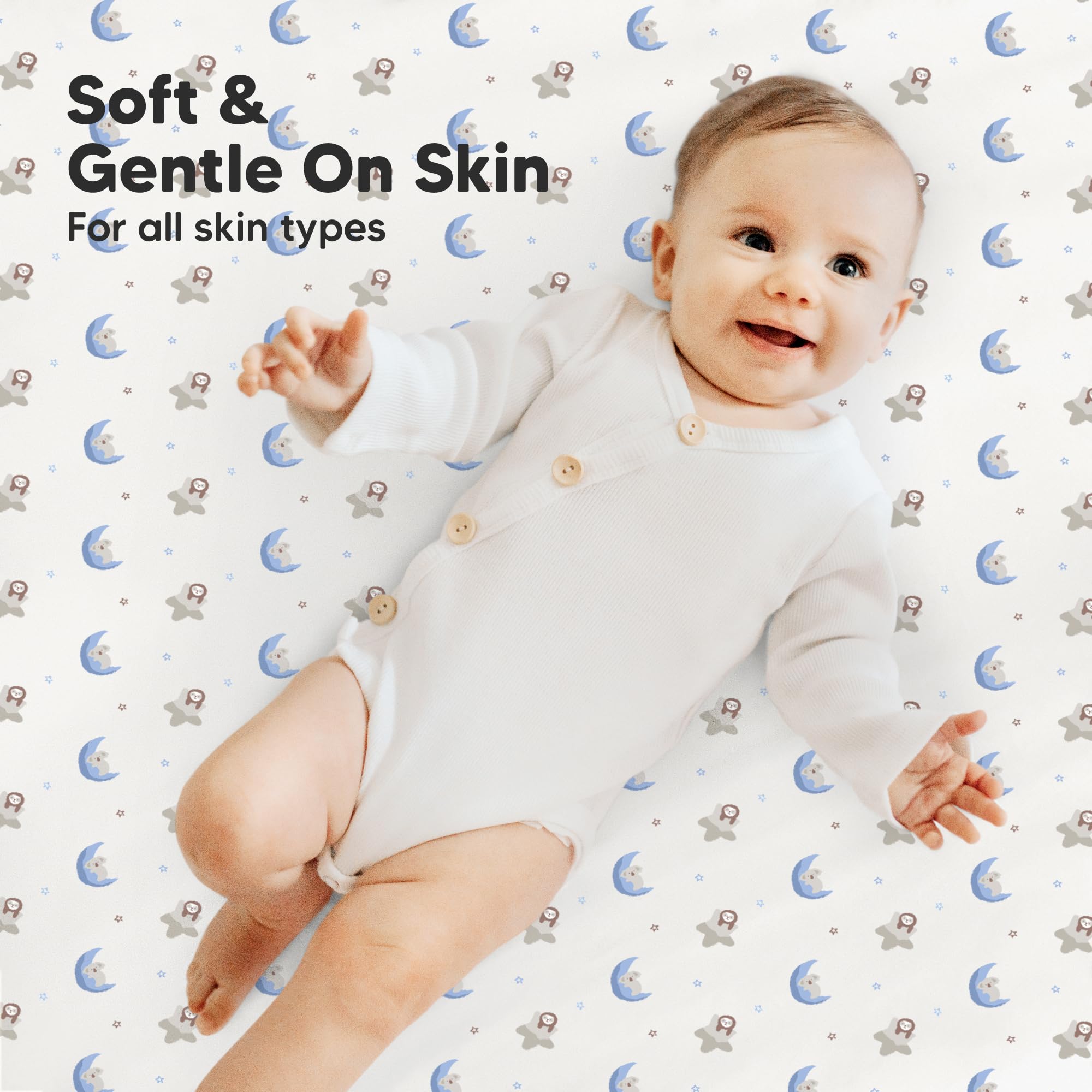 KeaBabies Cosmo mini crib sheets show a hidden elastic band for secure fit.