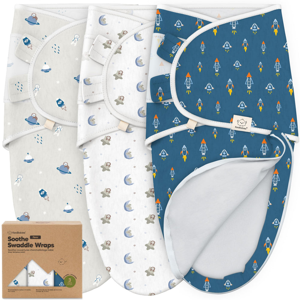 KeaBabies Cosmo Soothe Zippy Swaddle with zipper enables easy diaper changes.