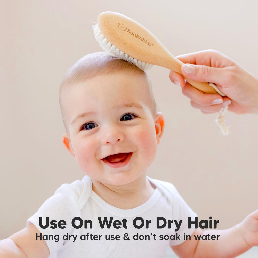KeaBabies hair brush cotton string handle for easy hanging after bath.