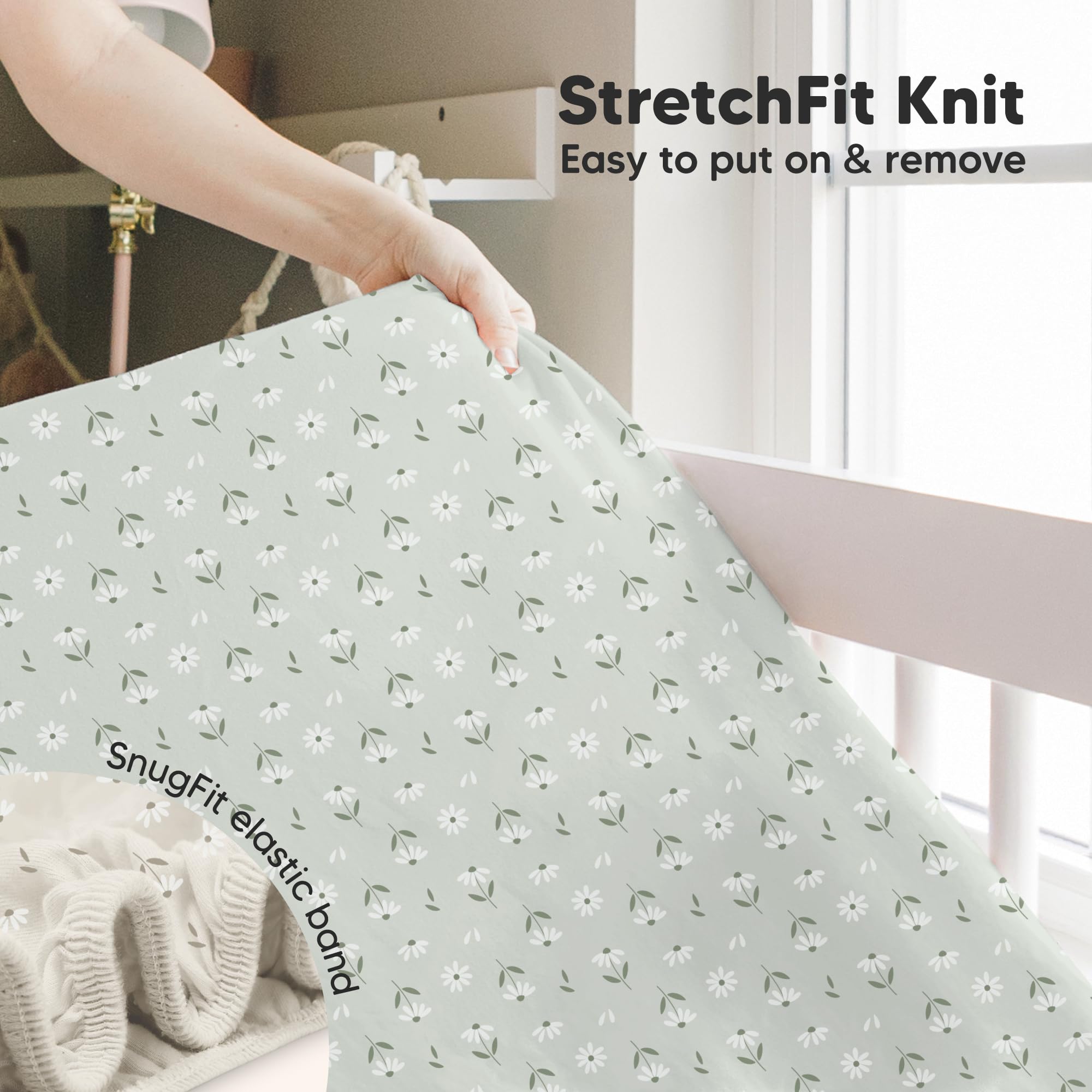 KeaBabies hidden elastic band ensures a secure fit on crib mattress.