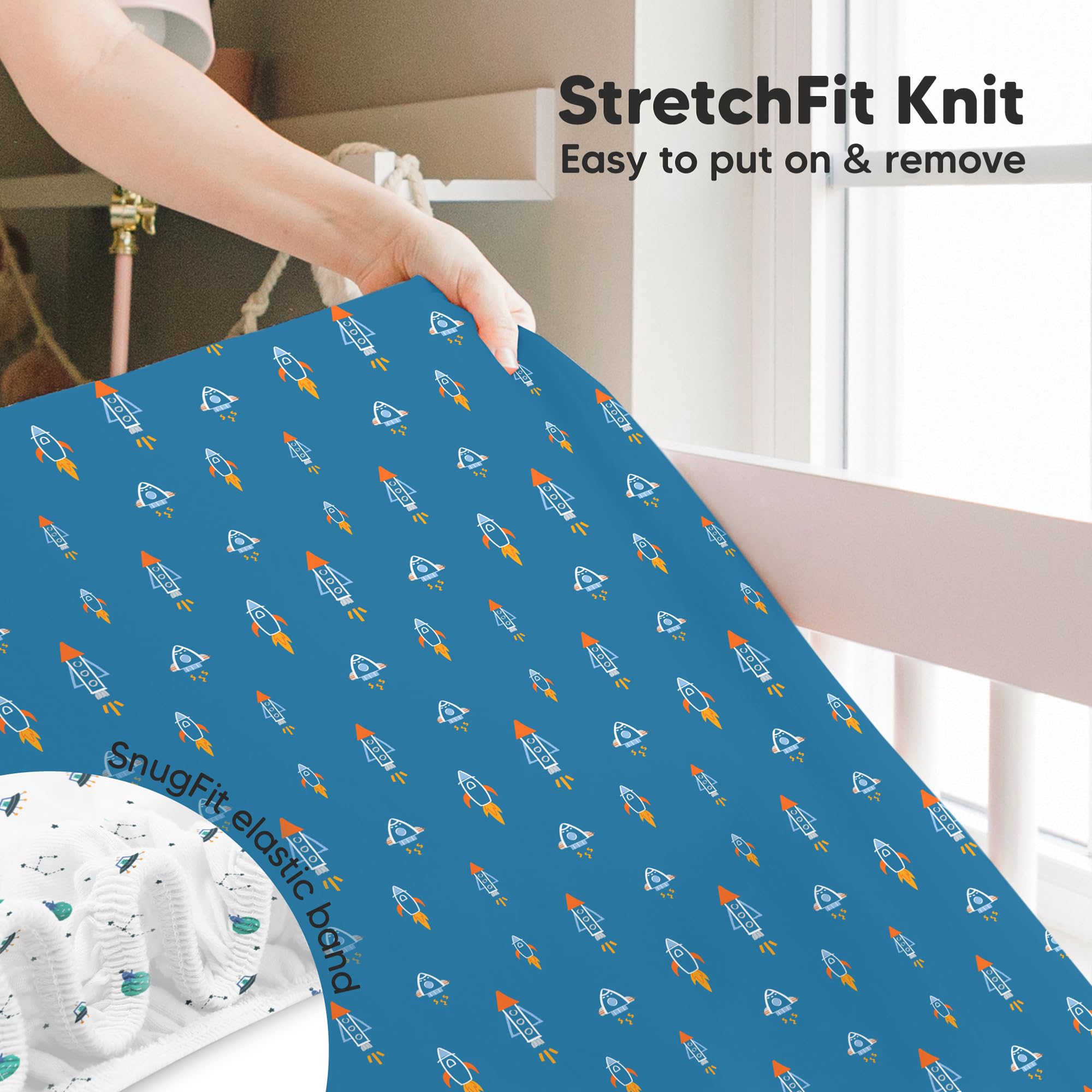 KeaBabies Isla sheet being fitted easily with snugfit tech.