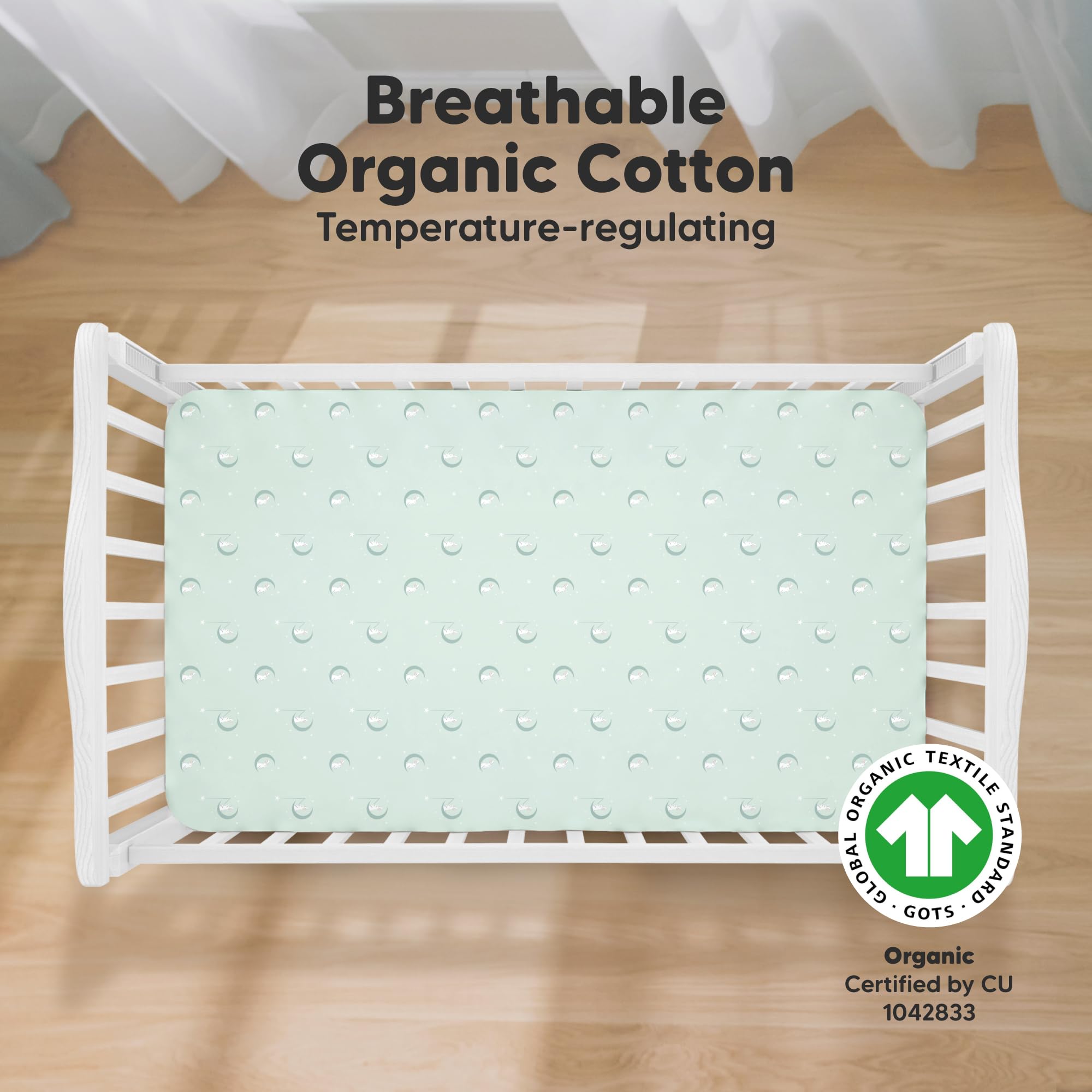 KeaBabies crib sheets SnugFit band closeup demonstrating secure fit for safe sleep