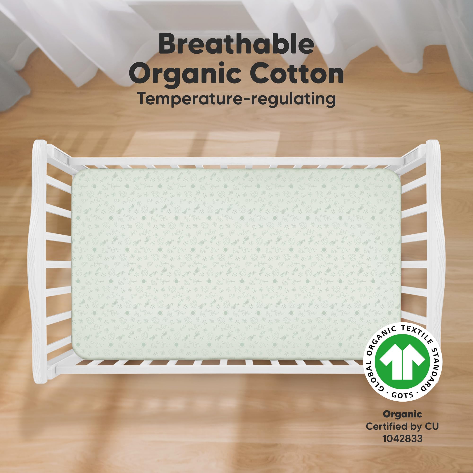 KeaBabies crib sheets snugfit tech closeup highlights easy fit and secure stay.