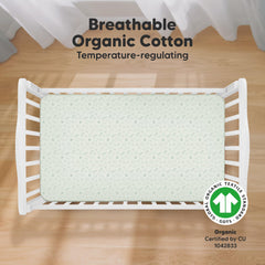 KeaBabies crib sheets snugfit tech closeup highlights easy fit and secure stay.