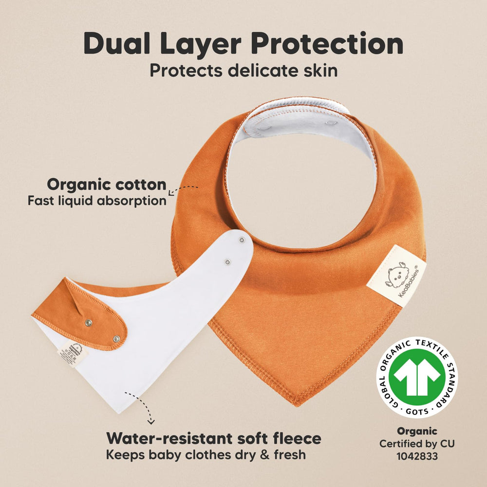 KeaBabies Cruise absorbent bandana bib demonstrates dual-layer cotton for all-day saliva management.