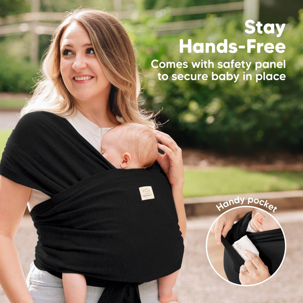 KeaBabies D-Lite parent trying on wrap for comfortable all-body fit.