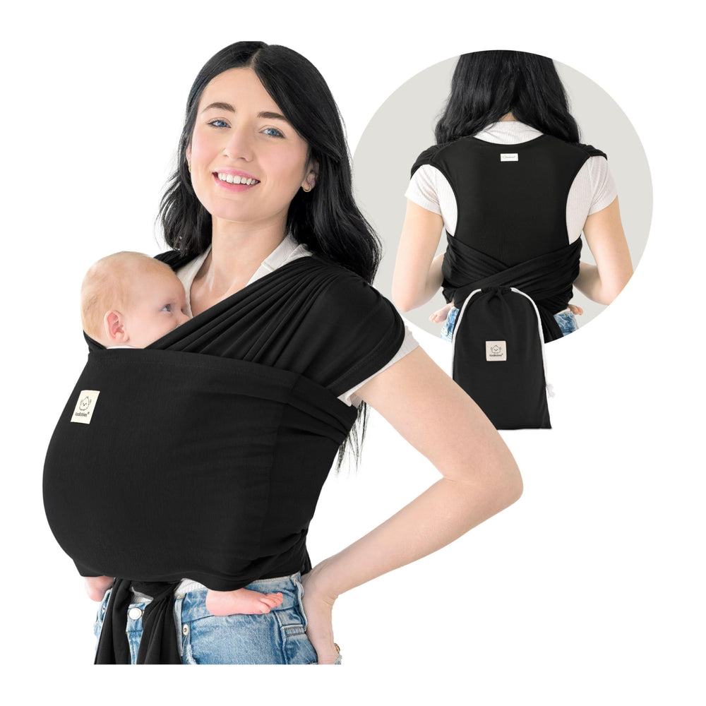 KeaBabies D-Lite wrap carrier front carry showing ergonomic support for parent and baby.