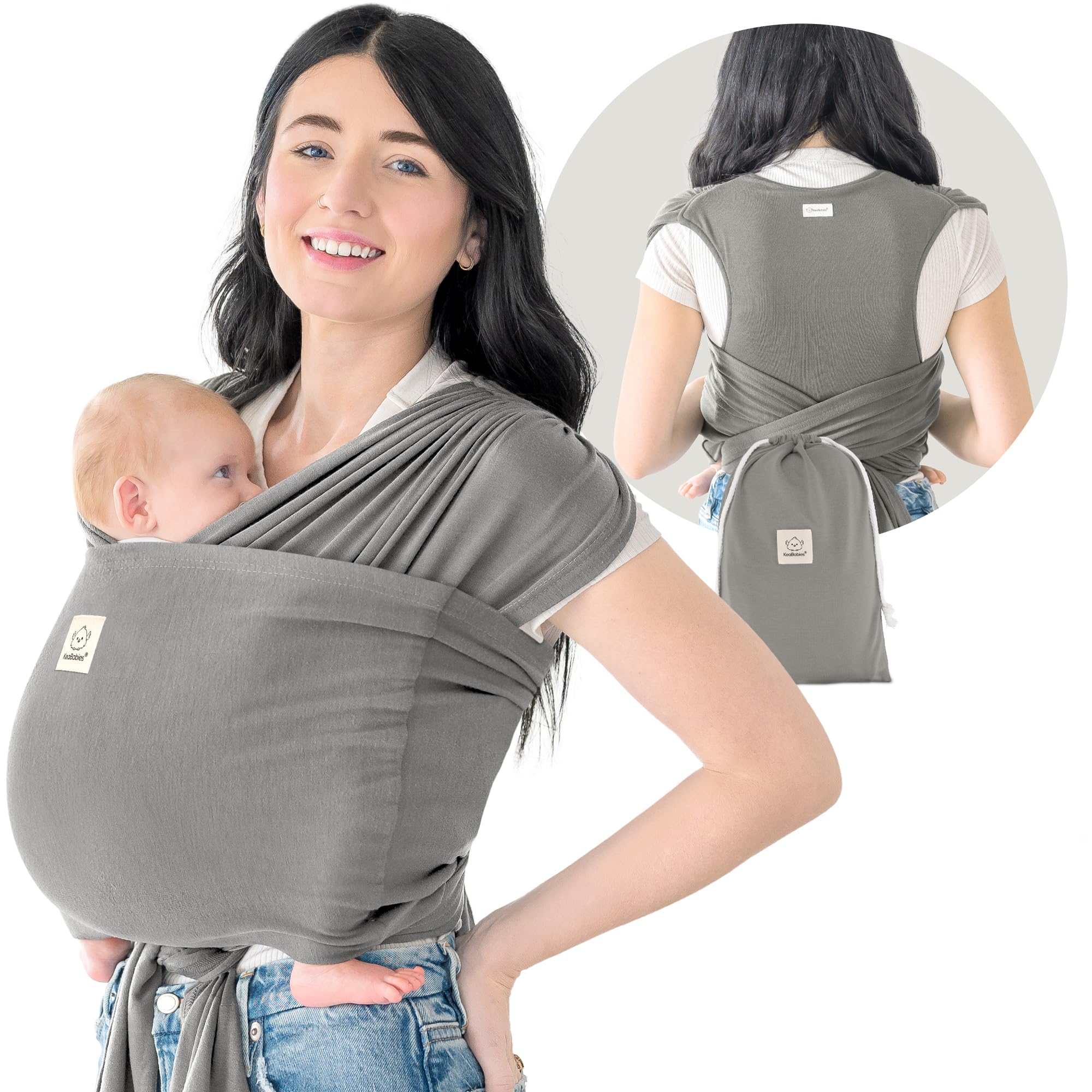KeaBabies D-Lite wrap graphite front view demonstrates comfortable everyday wear for parent and baby.