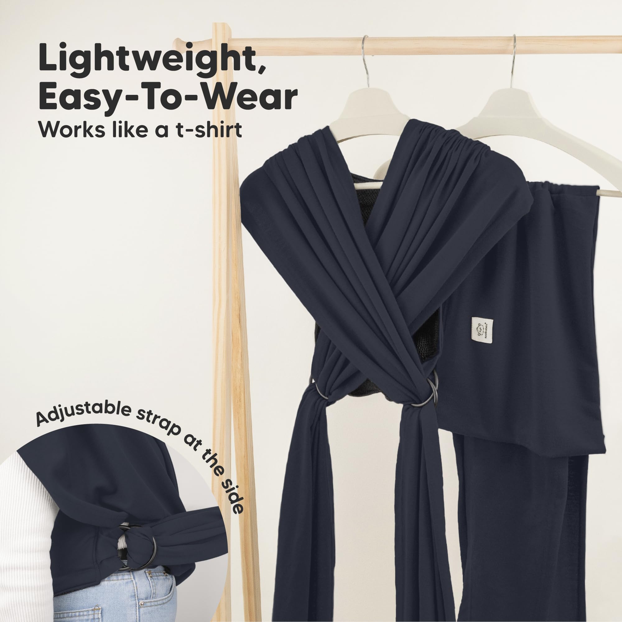 KeaBabies wrap carrier midnight cross-straps for easy wear like a tee.