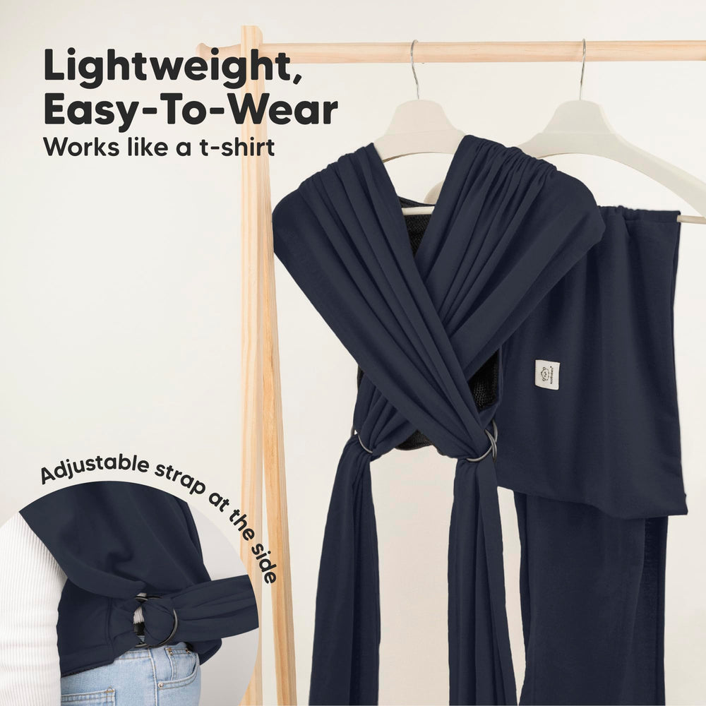 KeaBabies wrap carrier midnight cross-straps for easy wear like a tee.