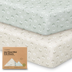 KeaBabies Daisies pack-n-play sheet flat lay shows breathable, soft surface for playtime.