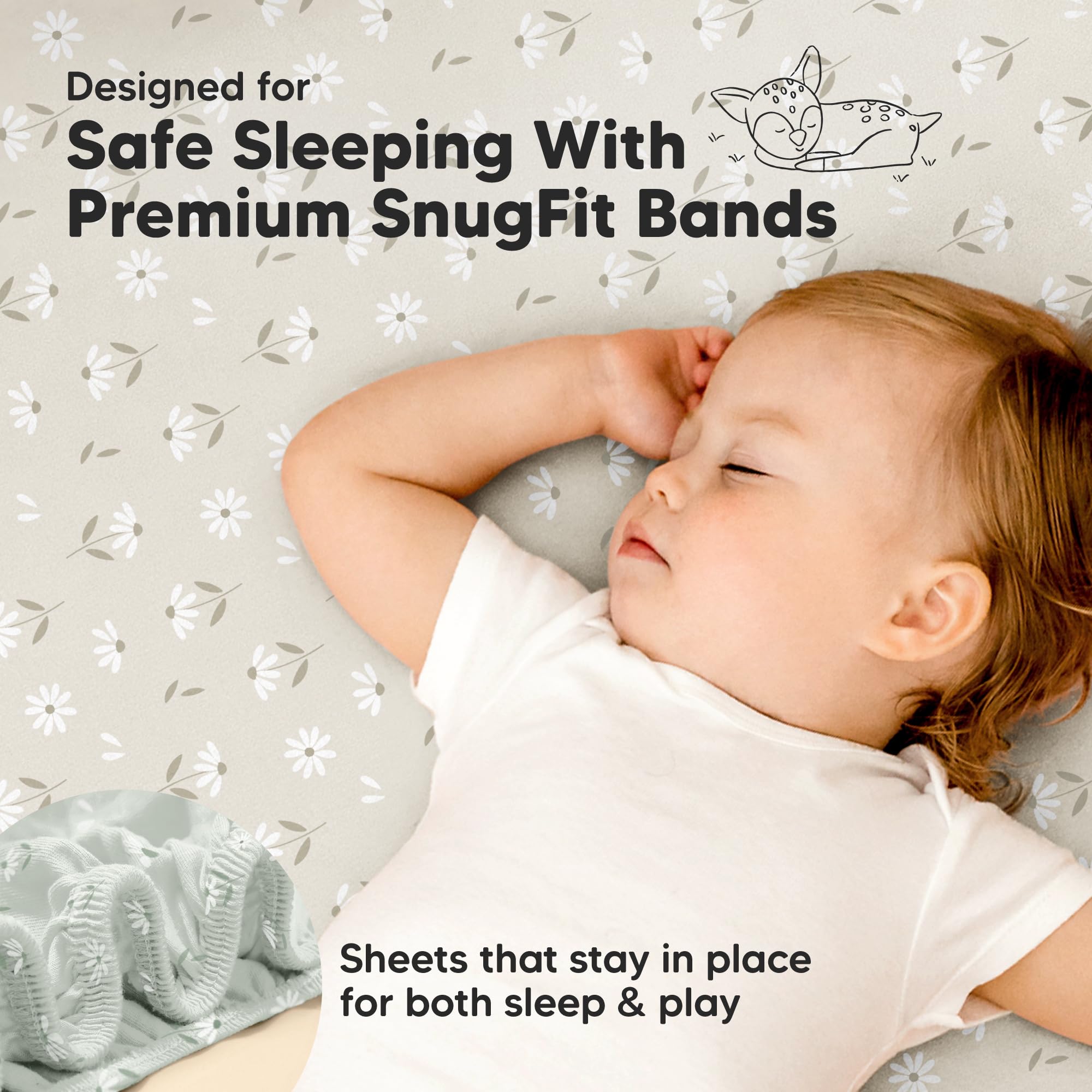 KeaBabies Daisies SnugFit stretch demonstrates easy fitting on small mattresses.